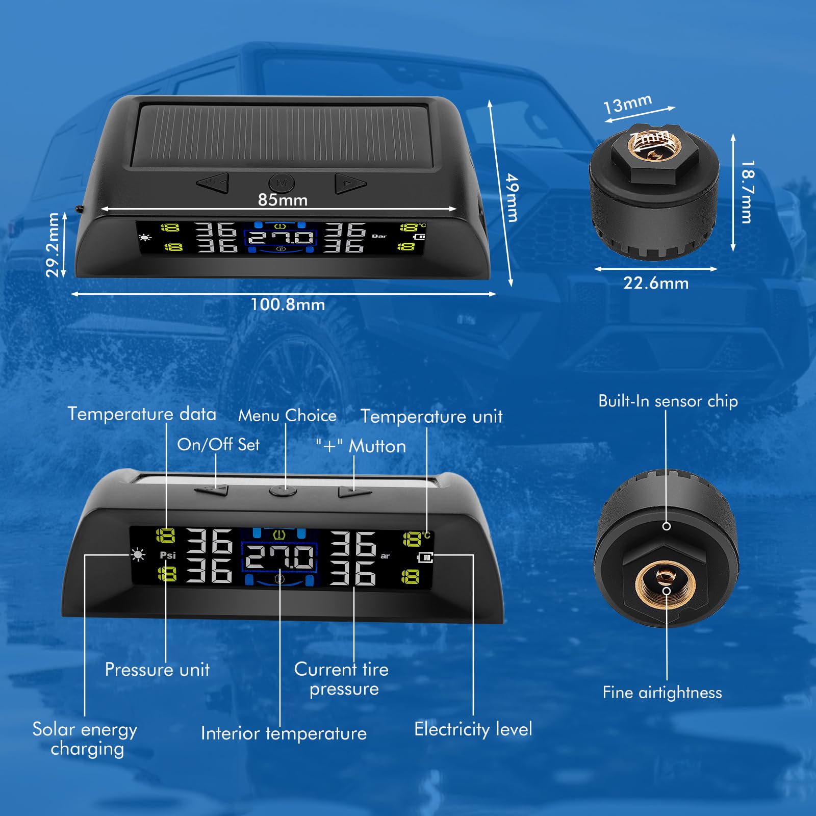 TPMS Système de Surveillance de la Pression des Pneusà,Charge Solaire/USB, Alertes Habitacle & Température, Auto on/Off,Compatible Camping-Car, Berline, SUV, MPV (72 psi)