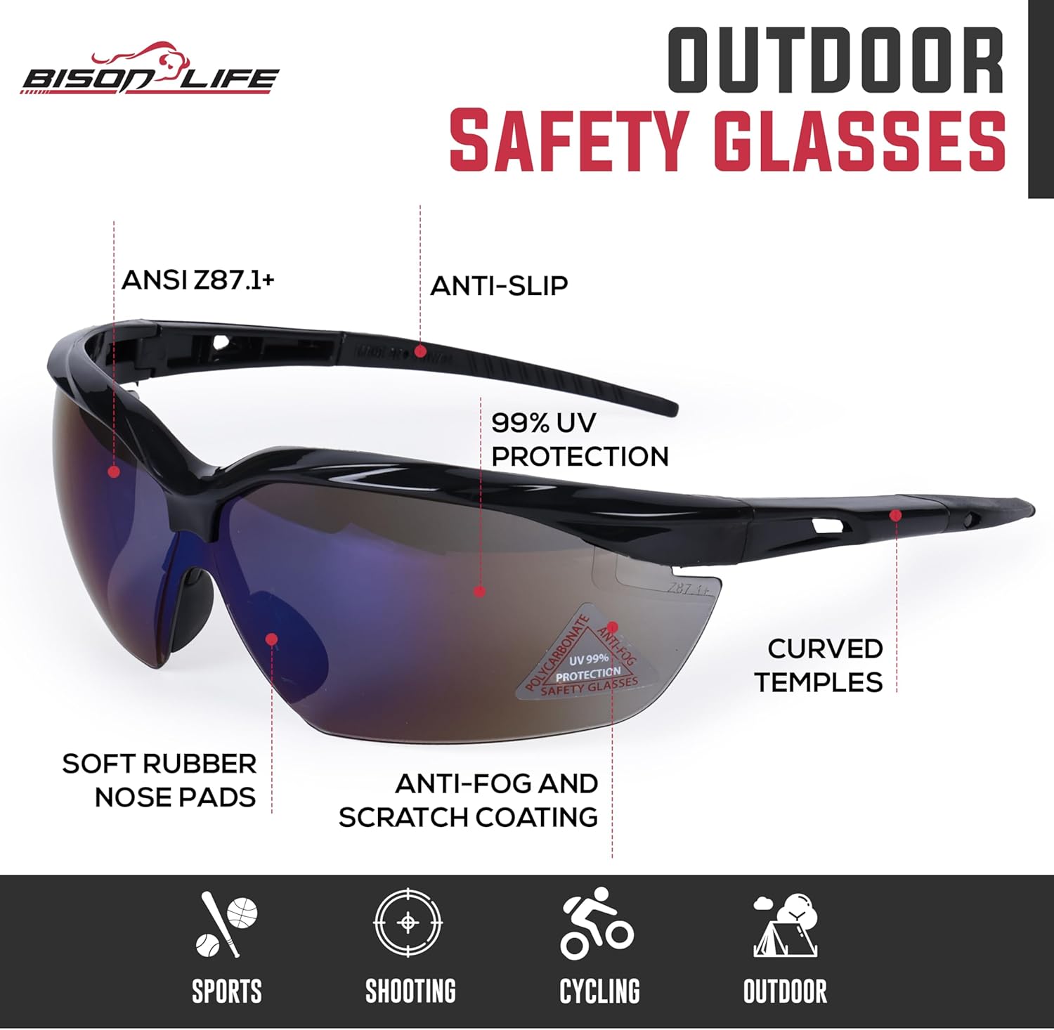 BISON LIFE(バイソンライフ) 曇り止め アウトドア 安全メガネ - UV保護 傷防止 曇り止め アウトドア アクティビティ