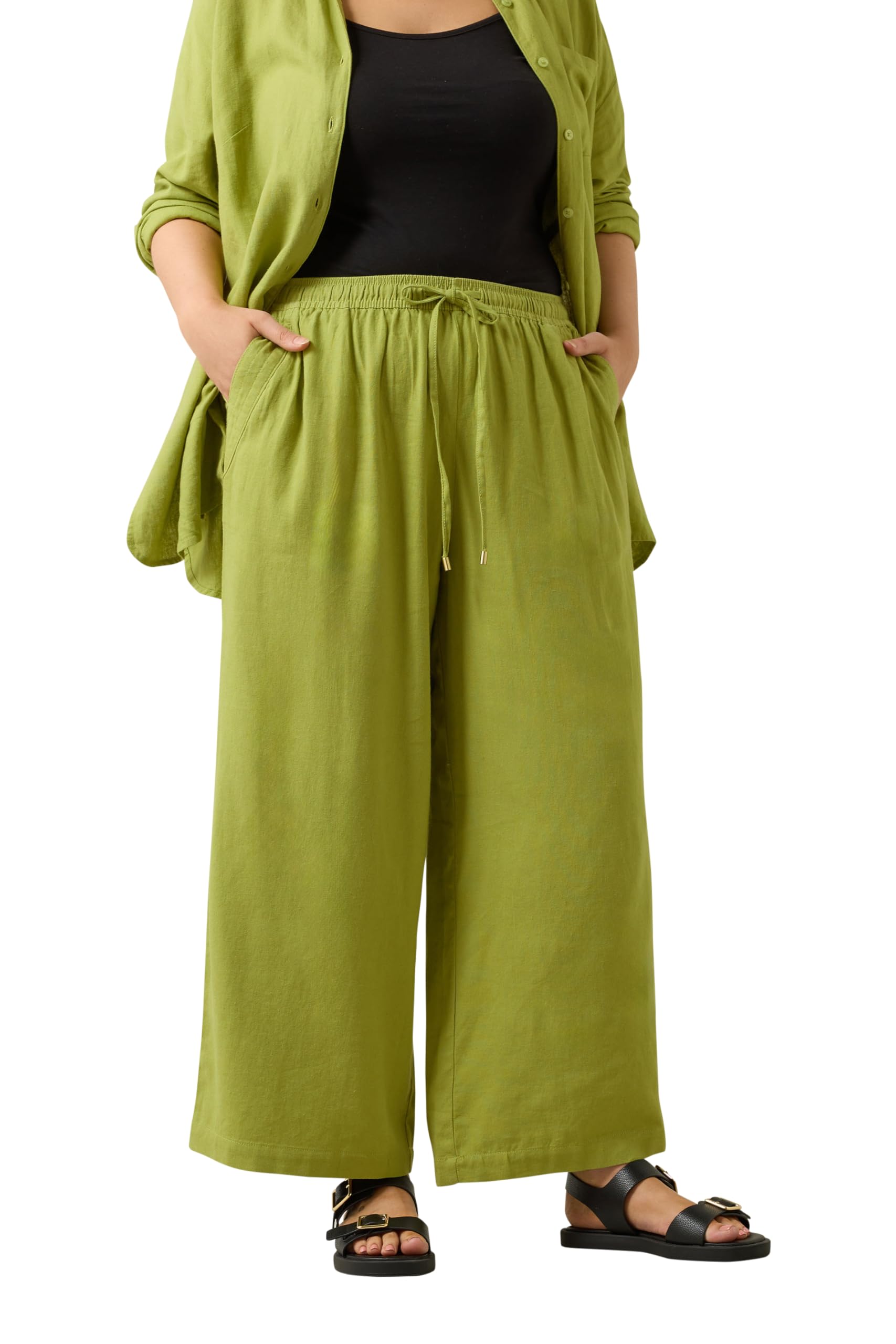 Evans Green Linen Wide Leg Trousers - 30-32