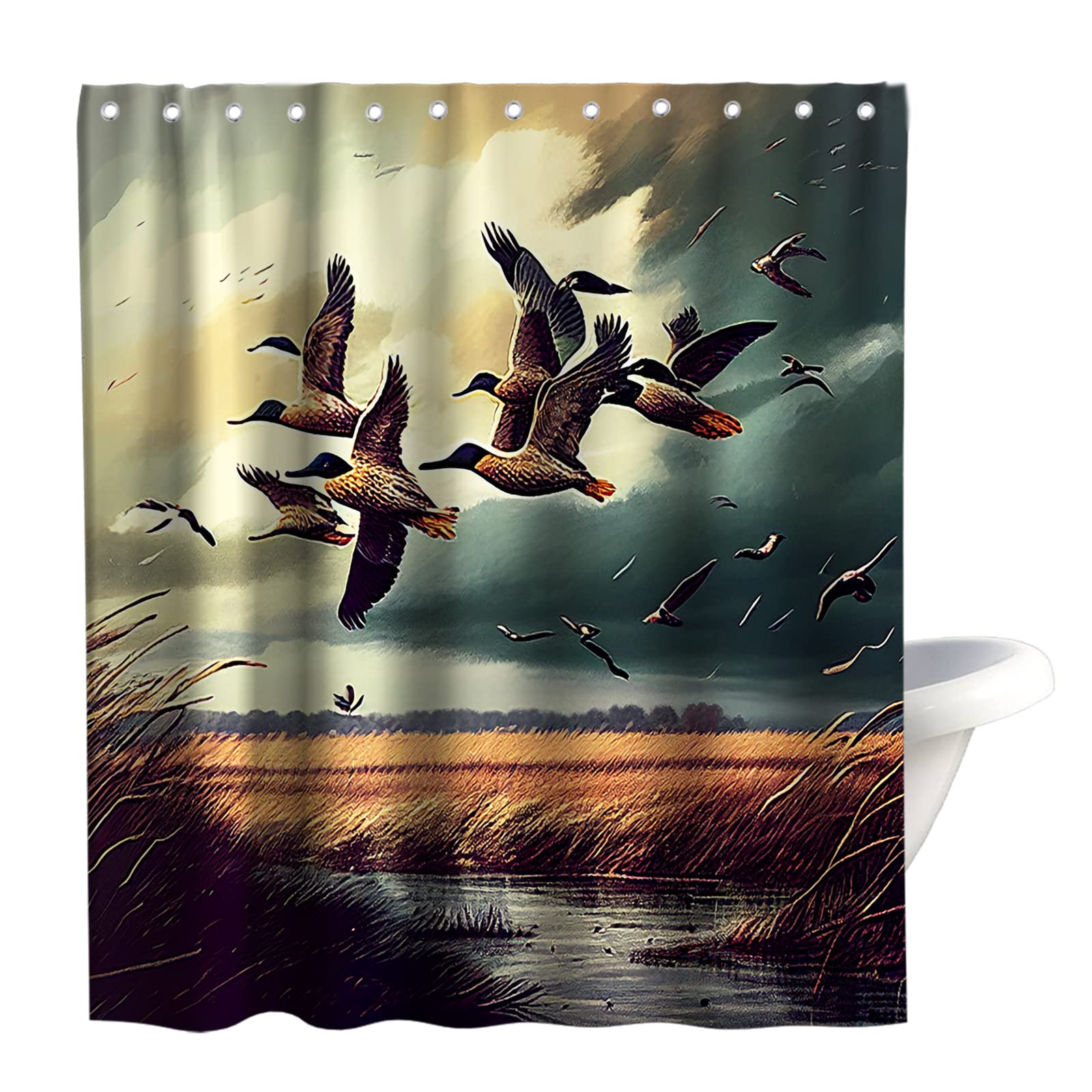 Final Friday Rustic Shower Curtains Wild Ducks Hunting Flying Theme Cloth Fabric Bathroom Decor Sets with Hooks Waterproof Washable 72 x 72 inches Brown and Teal