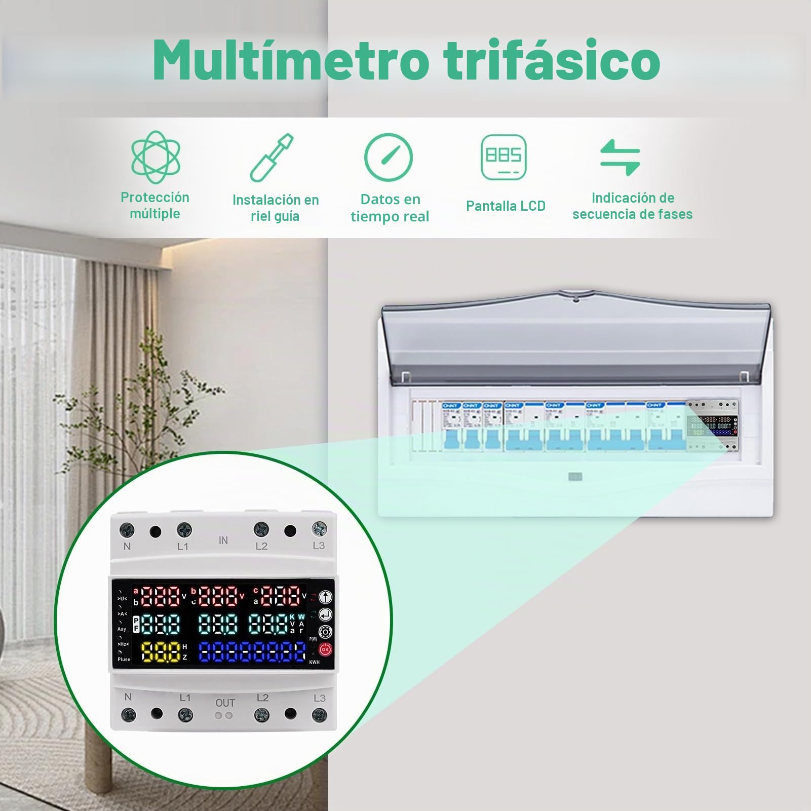 Jadeshay Medidor de Consumo Electrico,100A 230V Medidor de Energía Trifásico Digital Tiempo Real Medición del Consumo de Voltaje Corriente con Protección Contra Sobretensión Subtensión Sobrecorriente