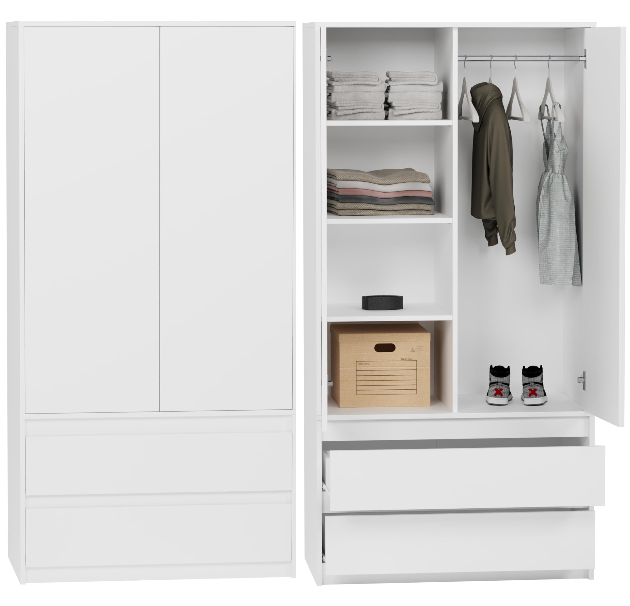 Kleiderschrank weiß 90x51x180 cm – Schrank mit 2 Türen, 4 Regalfächern & 2 Schubladen, modernes Design für Schlafzimmer, Flur und Wohnzimmer
