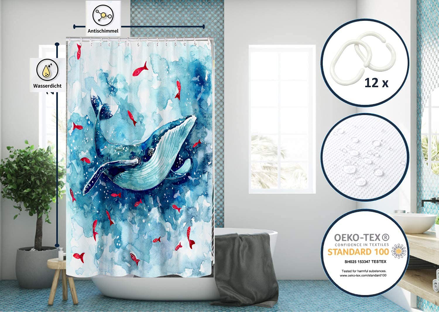 Hiseng Tenda Doccian Antimuffa,Impermeabile Tenda da Bagno con 12 Antiruggine Ganci,Lavabile in Lavatrice 3D Geometria Poliestere Tenda da Doccia,per Dormitorio Famiglia (Multicolore,165 x 180cm