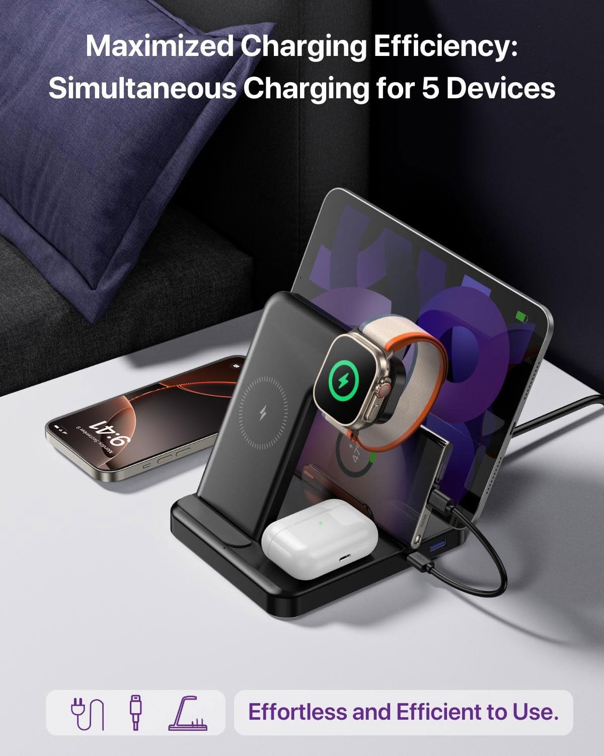 Intoval Stazione di ricarica 5 in 1, per iPhone 15 Pro/15 Pro Max/15 e Android, iPad Pro/Air/Mini, Apple Watch 9/Ultra 2/Ultra/8/7/7/SE, dock di ricarica wireless per più dispositivi (G805, nero)