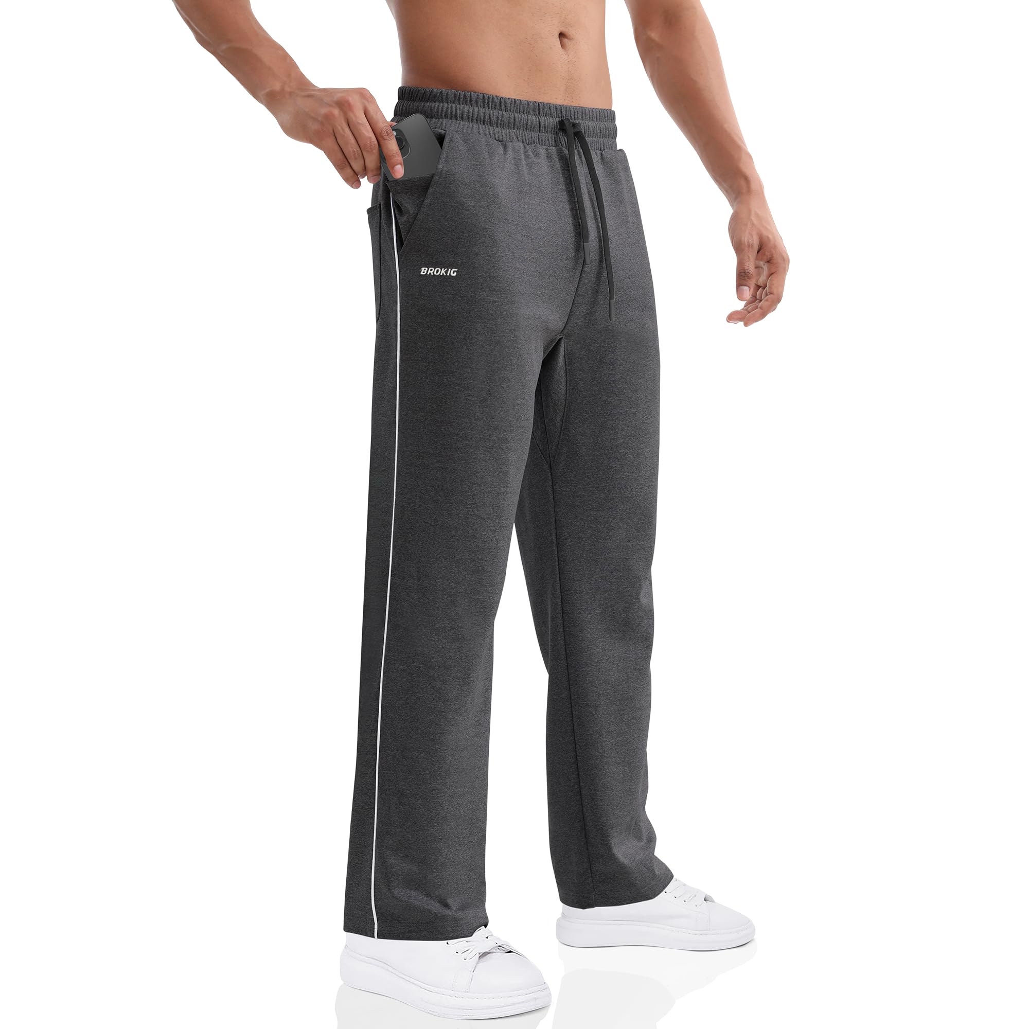 BROKIG Gerade Hose Herren Laufhose Lang Hose Offener Beinabschluss,Loser Passform Sporthose Herren Freizeithose mit Taschen Komfortable Trainingshose für Männer