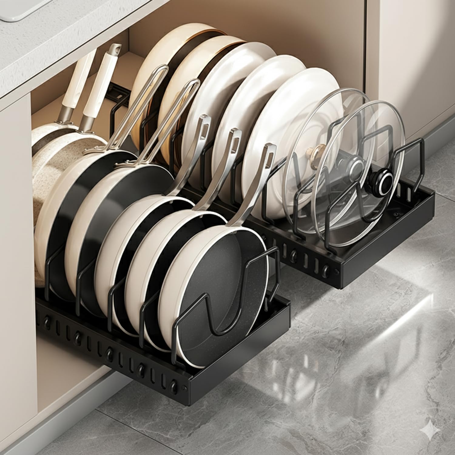 Photo 1 of ** missing pieces only 1*** Mnftive pots and pans organizer under cabinet,pot lid organizers inside cabinet holders for kitchen,Horizontal and vertical pulling modes,cast iron storage (Black Vertical pull-out)