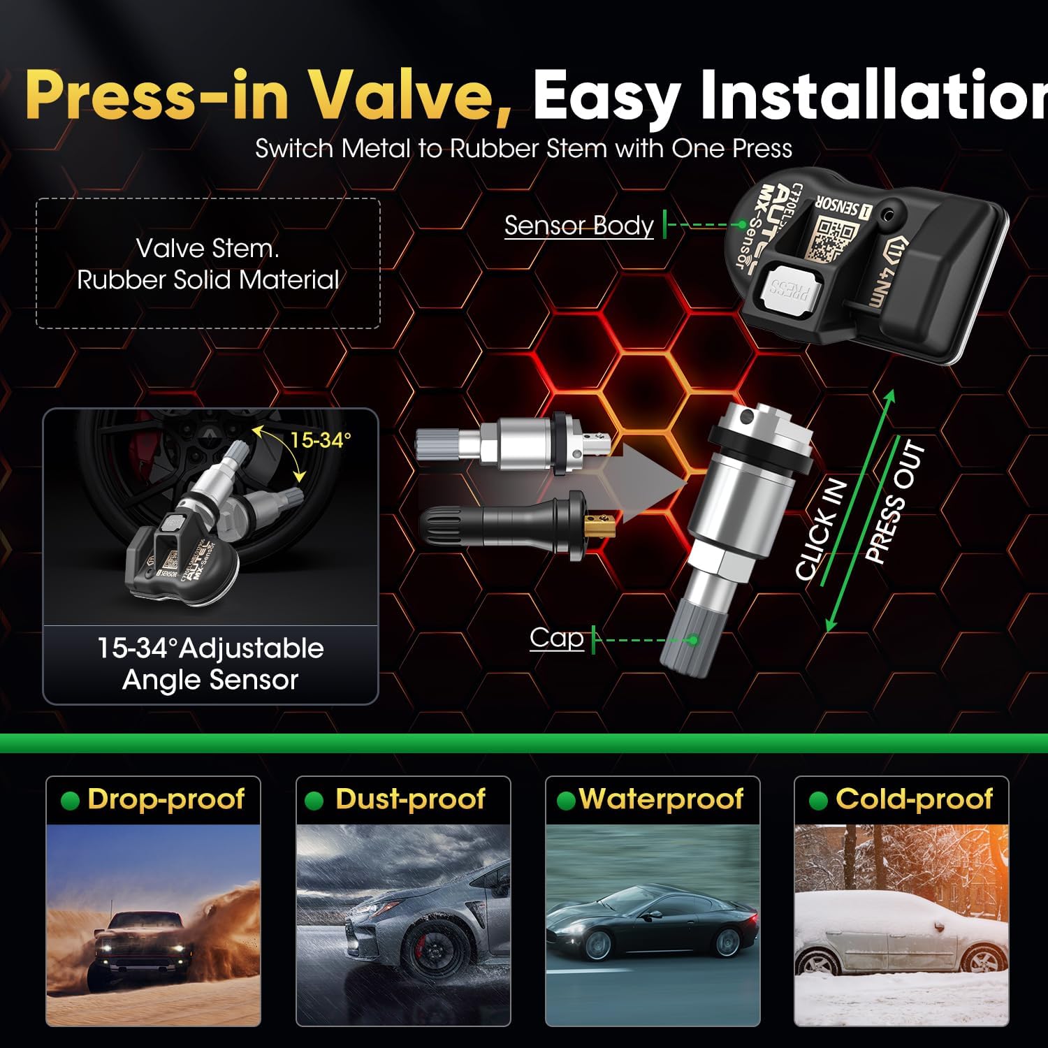 Autel TPMS Sensor Set of 8, MX-Sensor 2in 1 315MHz + 433MHz Press-in TPMS Universal Programmable Sensor, OE-Level 100% Cloneable by Autel TPMS Tool TS408S TS501 PRO TS508 TS508WF (8PCS Metal Stem)
