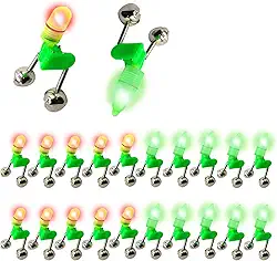 HLOGREE Vara de pesca noturna LED alarme sino 20 peças com anel duplo indicador de pesca alarme de isca de peixe portátil acessórios de pesca isca alarme alarme sino haste clipe ponta para pesca (10 vermelho, 10 verde)