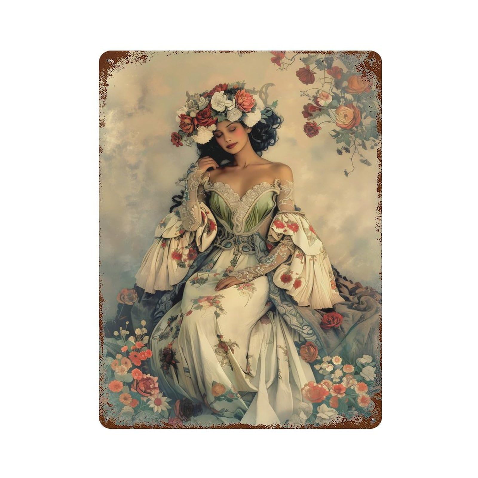 Distressed Metal Wall Sign Floral Fantasy Portrait 15.7"x11.8", Vintage Wall Decor for Garage, Bar And Workshop Decor
