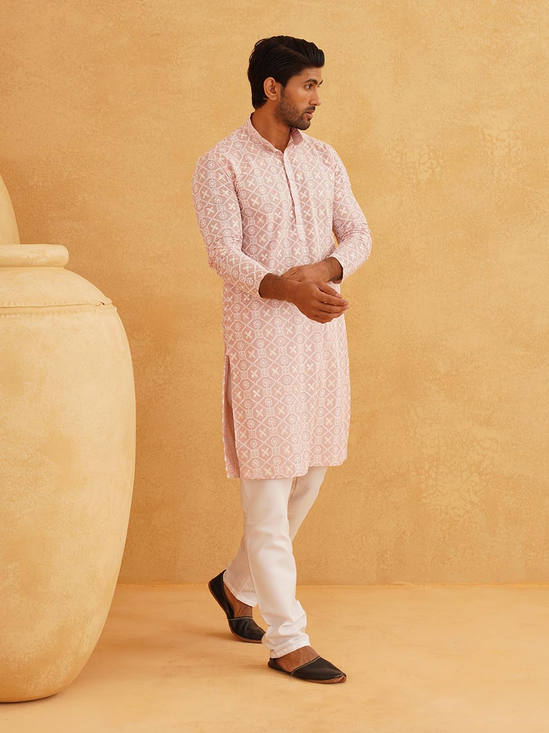 Sojanya (Since 1958 Men's Cotton Gold Sequence Embroidered Pink Kurta With White Churidaar Pyjama
