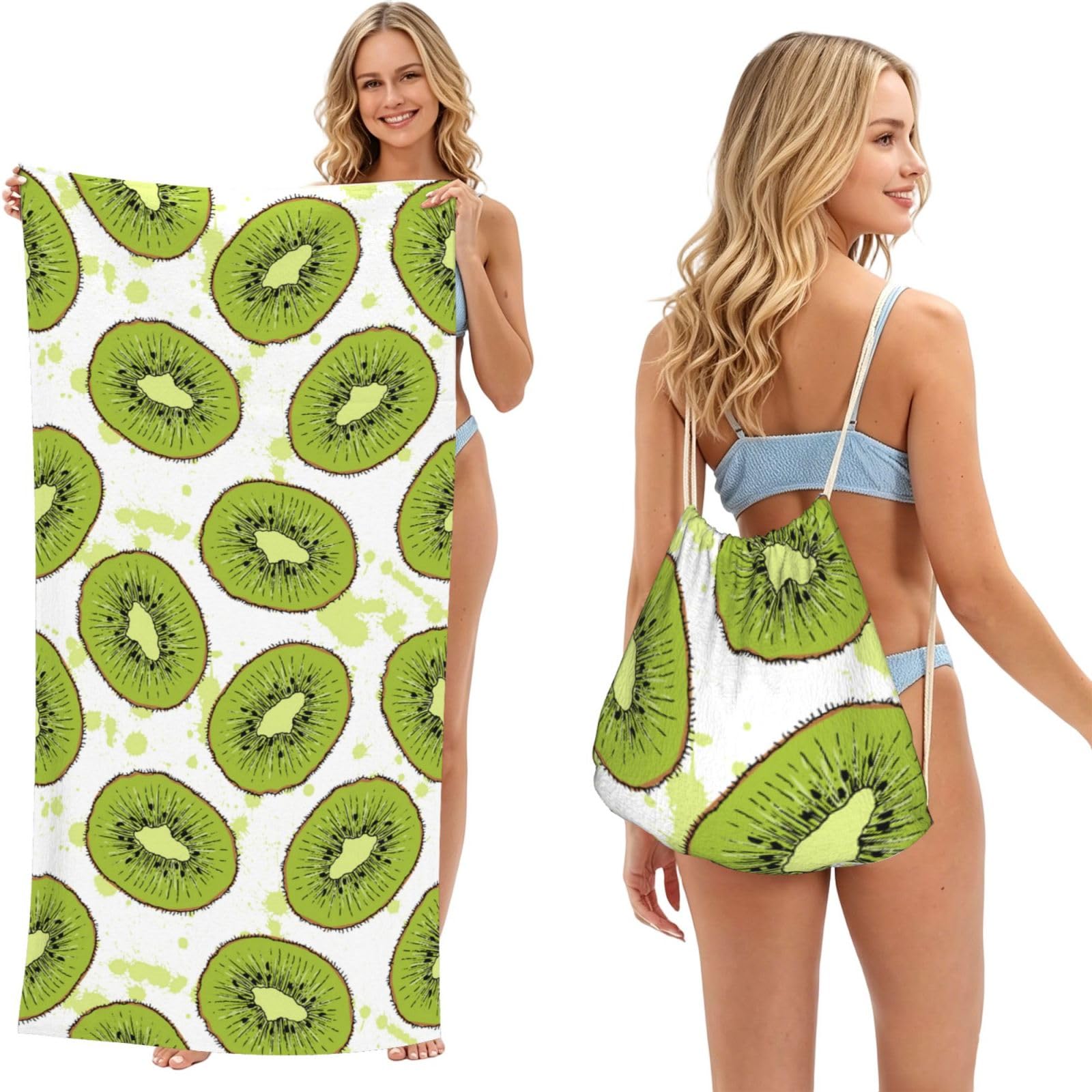 Poadnly As Picture Kiwi Fruit, 2 In 1 Packable Towel Bag, Beach Towels With Drawstring Backpack For Travel Holiday Camping