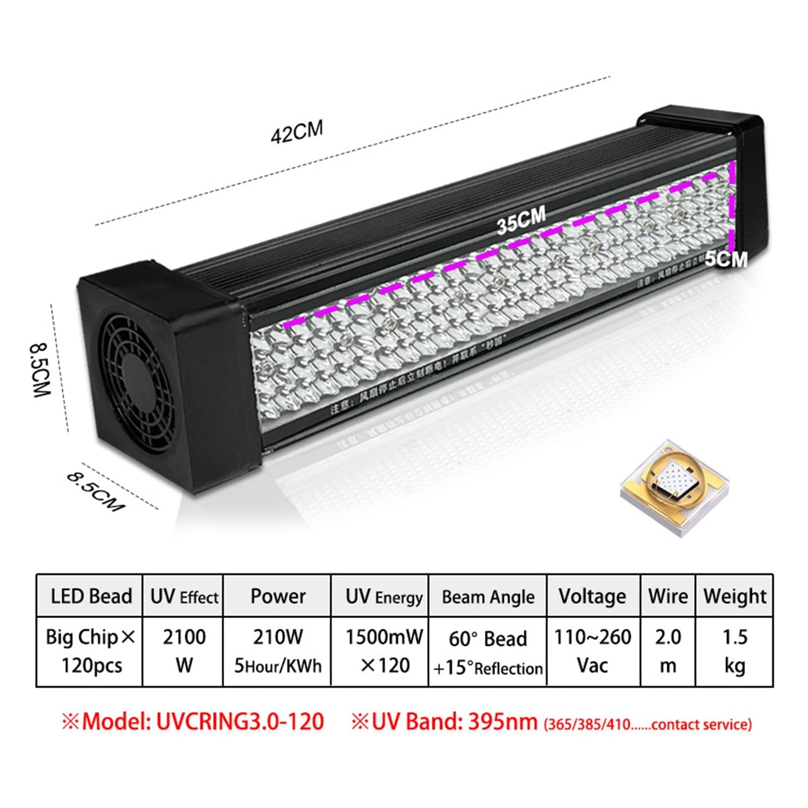 Lámpara de curado UV, Bar Led UV GEL Lámpara de curado Alta potencia Ultravioleta Luz negra Máquina impresión aceite Tinta vidrio Pintura Pantalla seda UVCURING3.0-120