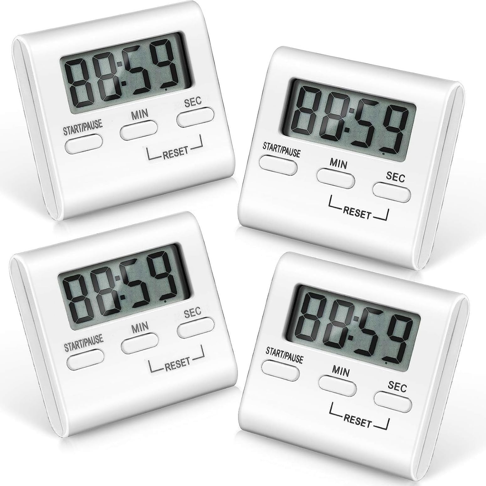 Mumoobear 4 Pack Digital Kitchen Timer Magnetic Countdown Stopwatch Timer with Loud Alarm, Big Digit, Back Stand, Hanging Hole for Cooking, Shower, Bathroom, Teacher, Kids(White)