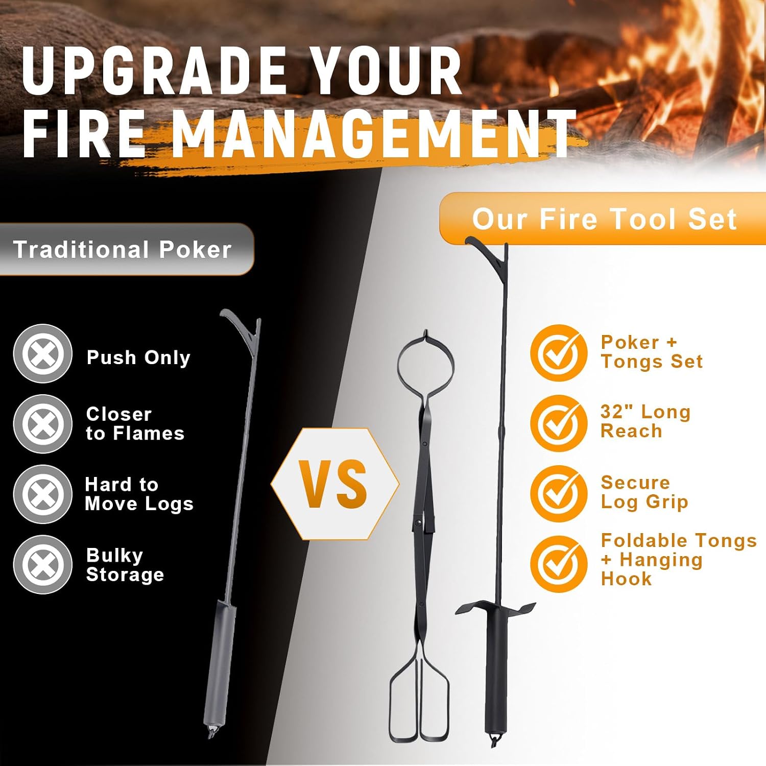 32" Fire Poker & 26" Fire Tongs Set, Foldable Fire Pit Tools Log Grabber