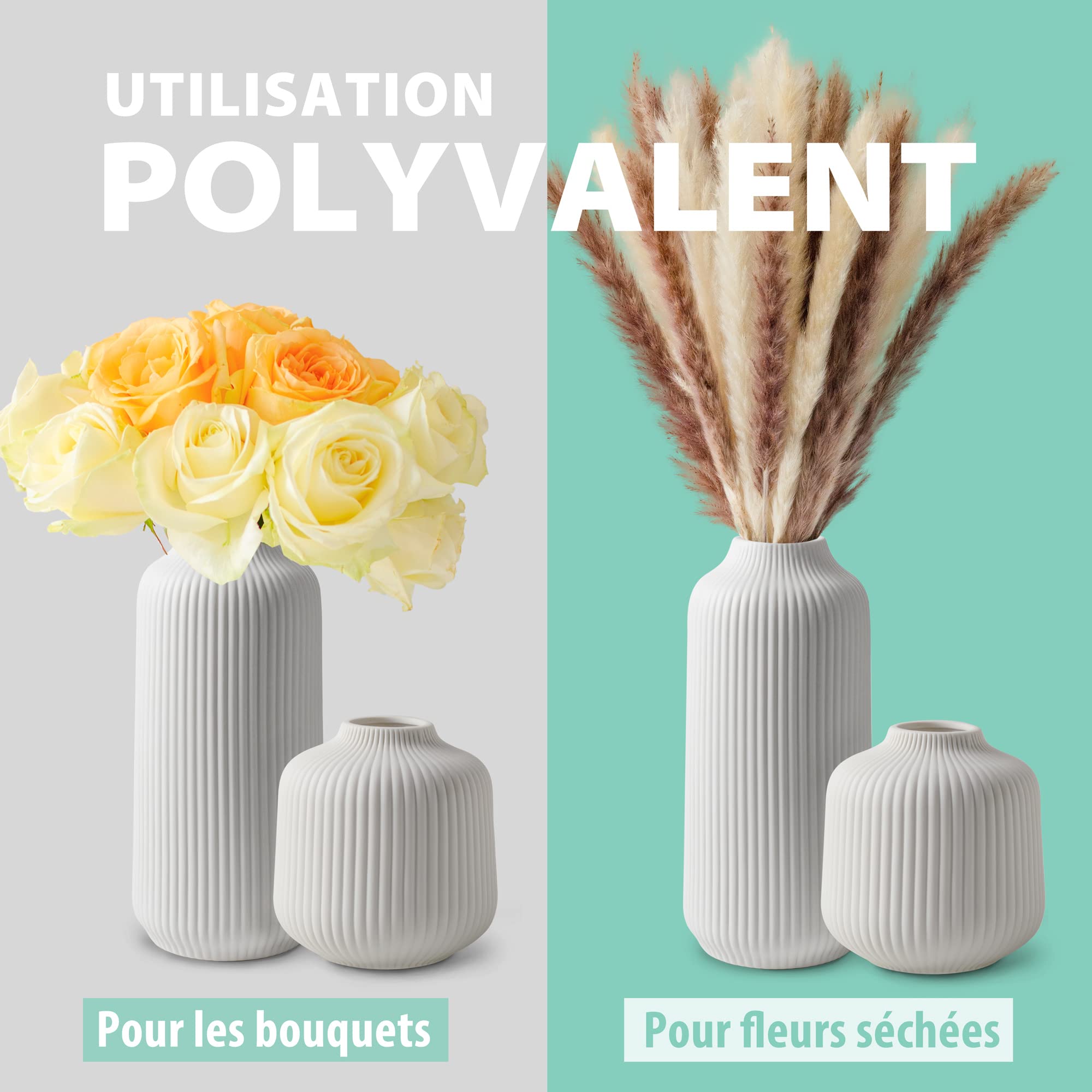 flature Vase en céramique de Style Nordique, Vase Moderne déco pour Herbe de la Pampa, Ensemble de Vases déco bohème en Blanc Mat, Vase pour décorer la Maison de Fleurs fraîches ou séchées, Lot de 2