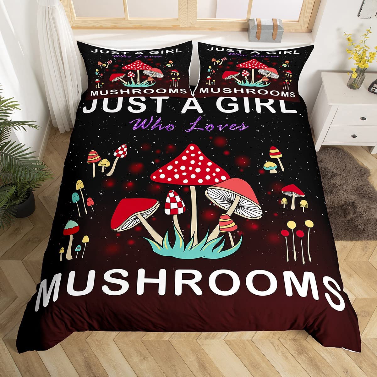 Mushrooms Bedding Set for Kids Boys Girls Galaxy Mushroom Comforter Cover Set Universe Botanical Plants Duvet Cover Bedroom Red Black Bedspread Cover King Size 3Pcs — image 1