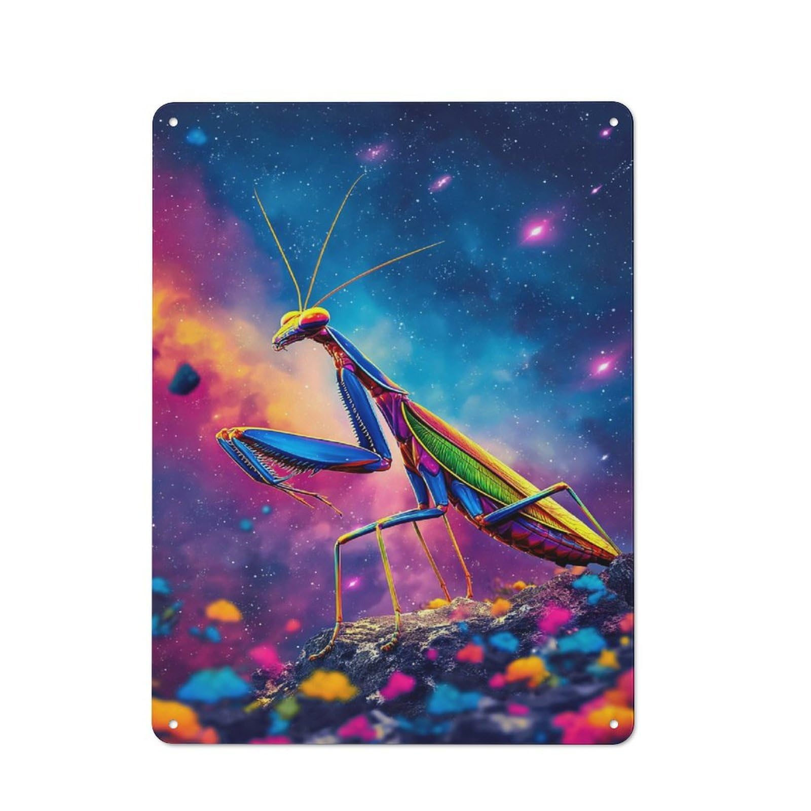 Junmoney Rainbow Praying Mantis In Space Old Style Metal Wall Decor 40X30cm, Decorative Tin Plaque For Cafe, Pub, Workshop Or Home Bar