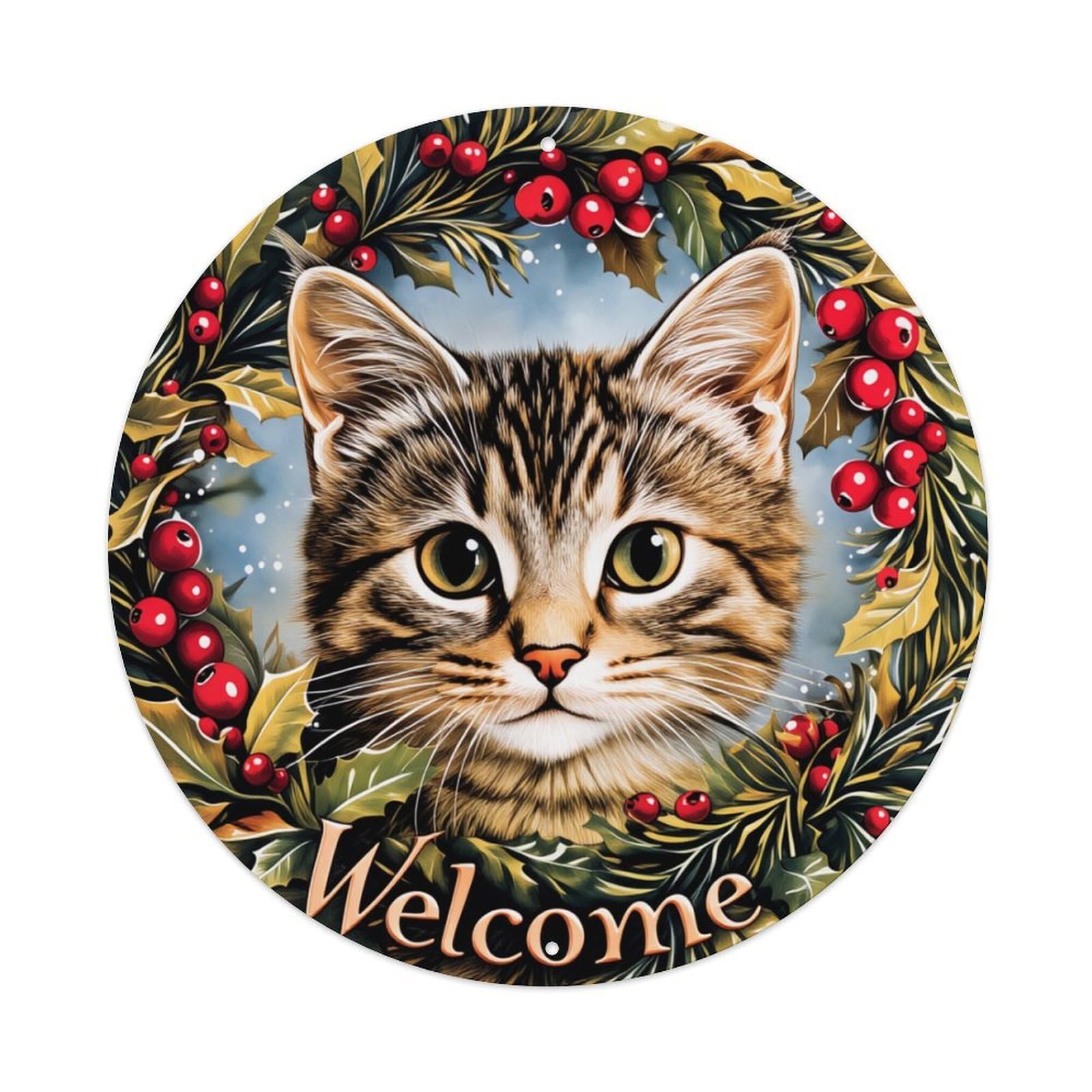Cat Face With Holly Wreath Welcome Round Tin Sign Retro Metal Sign for Cafe Bar Pub Home Game Room Gym Club Wall Decoration Vintage Metal Poster 8x8 Inch