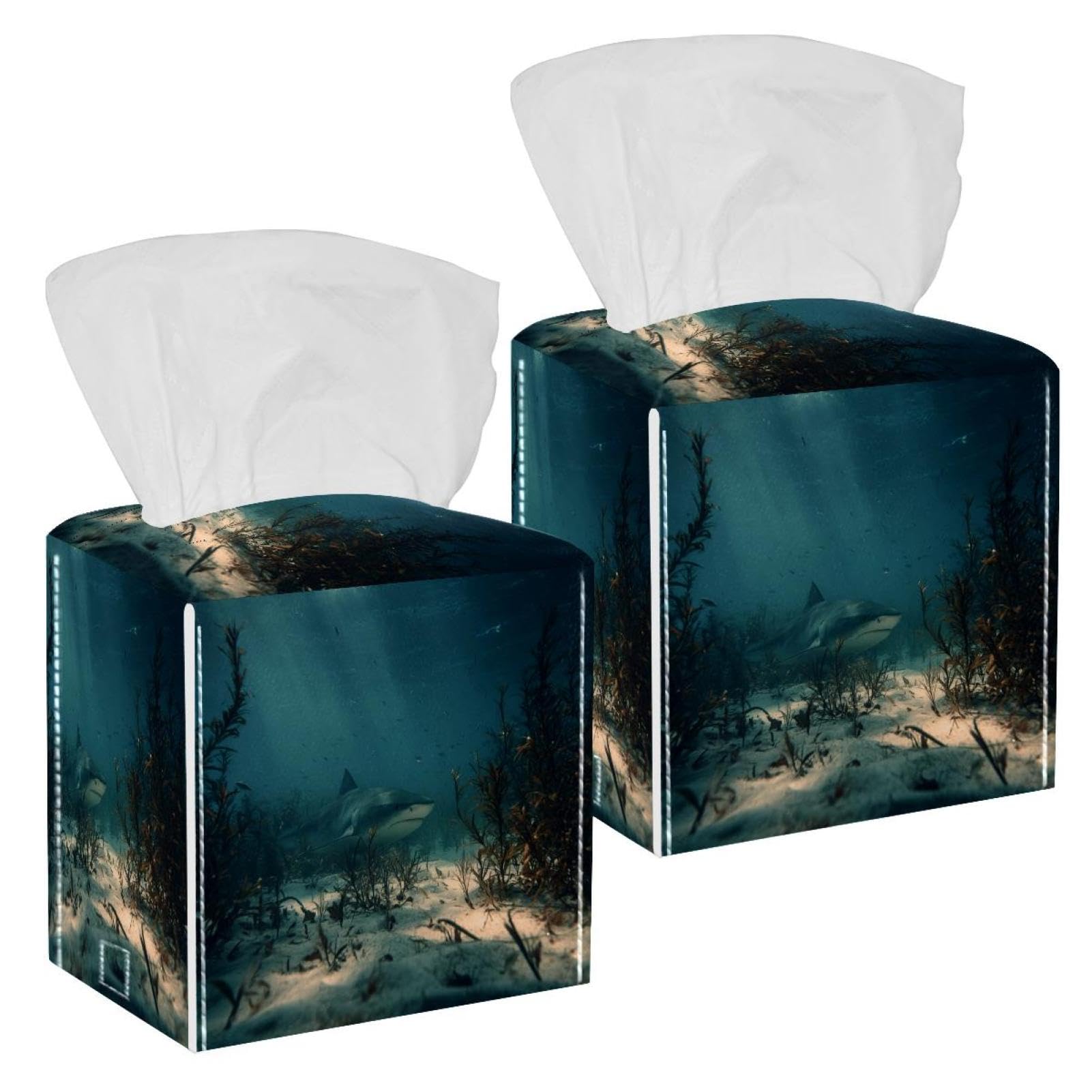 Shark Tissue Box Cover, 2 Pack PU Leather Square Facial Tissue Dispenser Box holder for Home Office Car