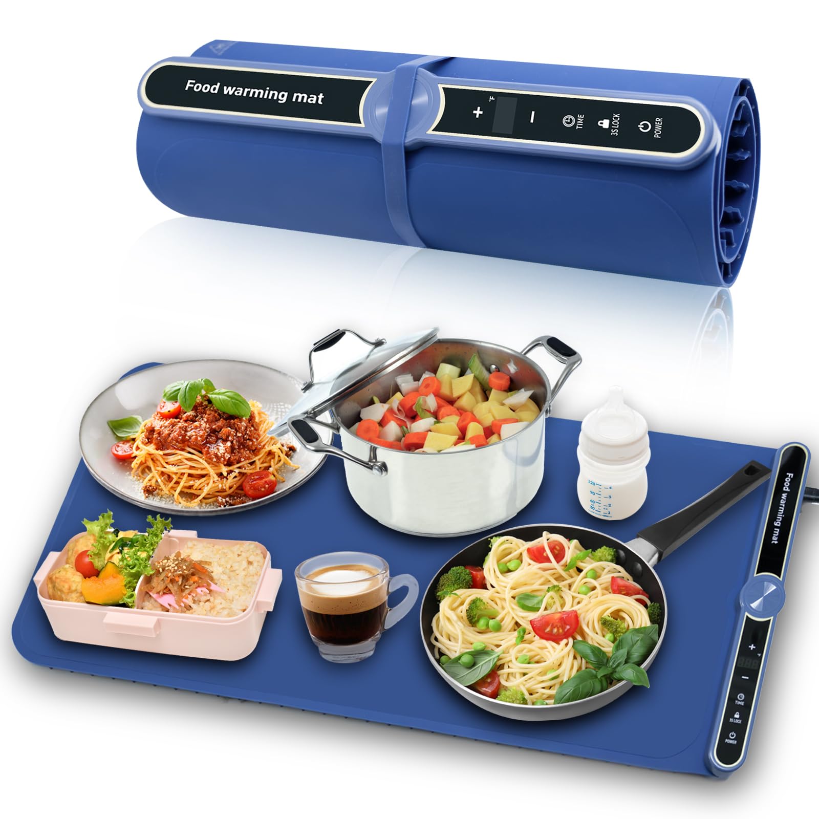 Food Warming Mat - 6 Plates Fast Heating Silicone Electric Warming Tray with 9 Temperature Settings, Foldable Buffet Hot Plates Heat Pad, Portable Food Warmer for Parties Home Travel (Blue)