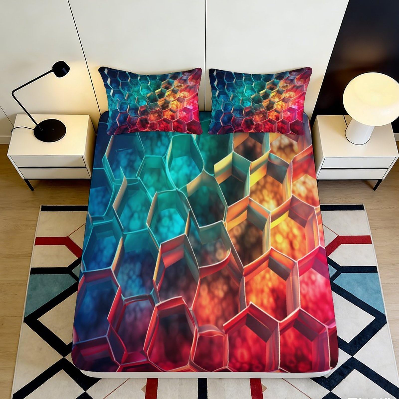 3D Printed Geometric Colorful Fitted Sheet Microfiber Soft Multicolor Abstract Mattress Cover for Bedroom Dorm Decor 90x200x25cm