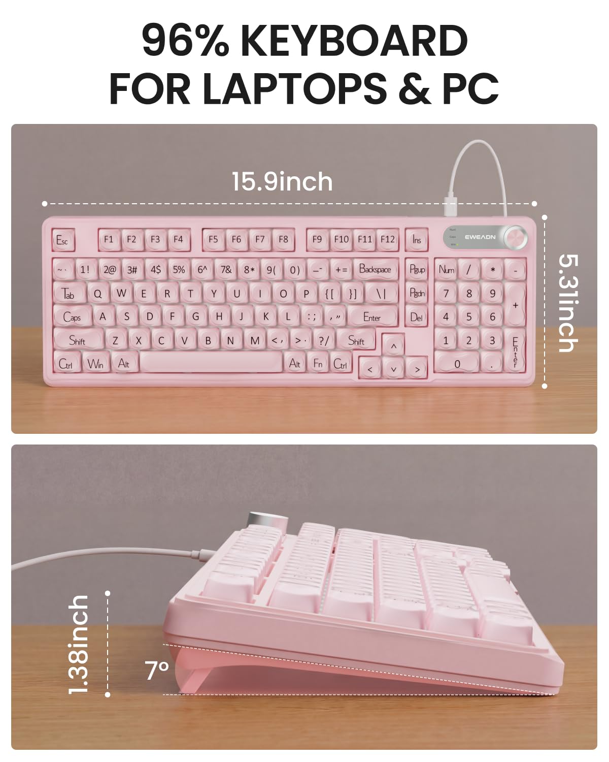 EWEADN V102 Przewodowa klawiatura, 98 klawiszy, kremowa klawiatura do gier z klawiaturą numeryczną, ekranem wyświetlacza i pokrętłem multimediów, RGB, cicha, przewodowa, urocza klawiatura komputerowa