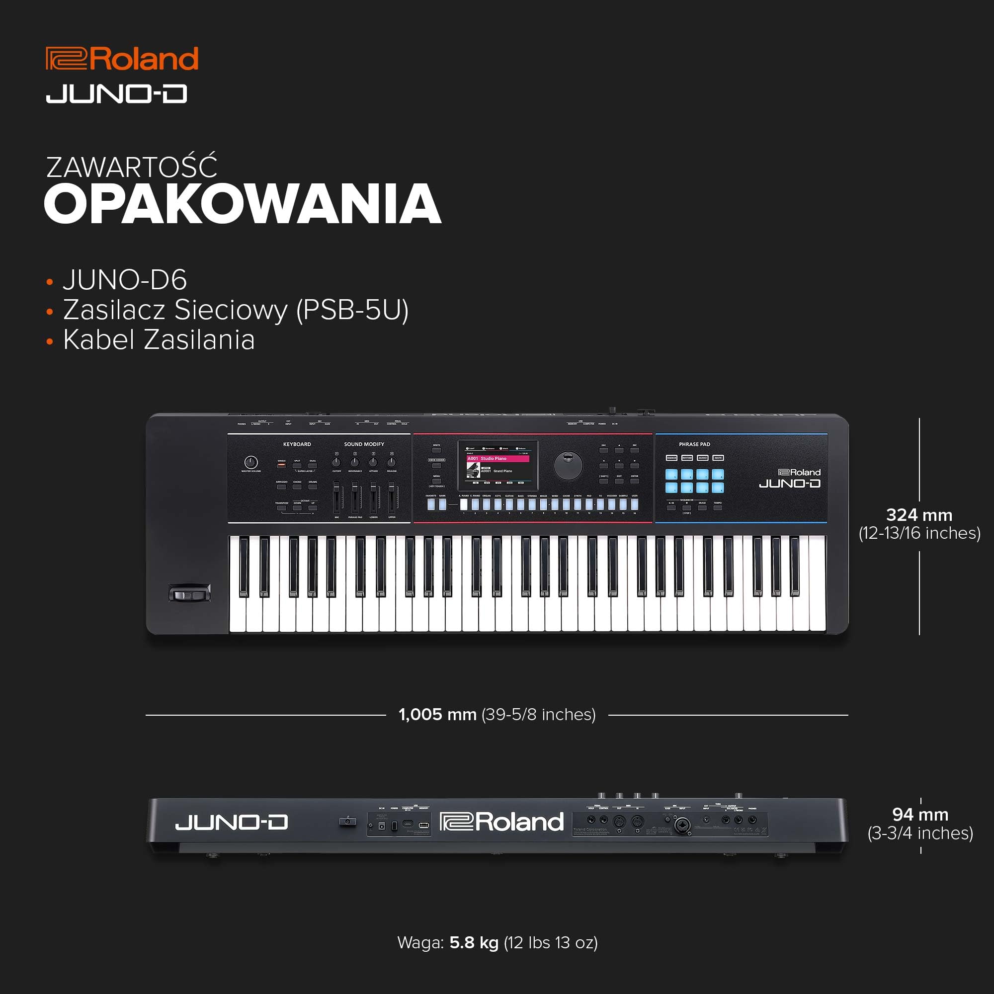 Syntezator Roland JUNO-D6 | Klawiatura 61-klawiszowa z Akcją Syntezatora | Silnik ZEN-Core z Ponad 3800 Wbudowanymi Dźwiękami | Intuicyjne Narzędzia Kreatywne | Interfejs USB-C Audio/MIDI