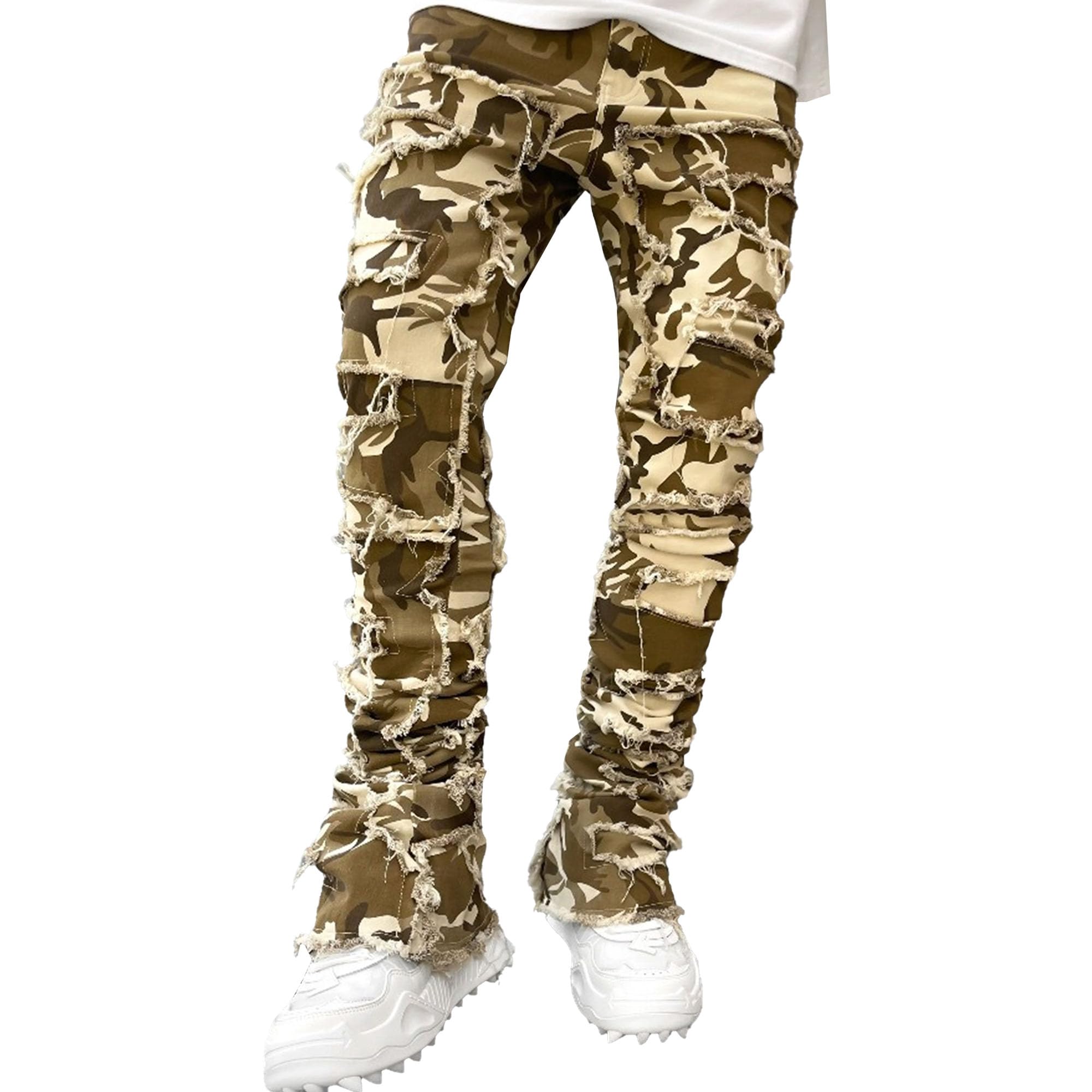 Maiyifu-GJ Men's Patchwork Fashion Jeans Streetwear Stretch Denim Pants Tassels Casual Skinny Trousers (Camouflage,Large)