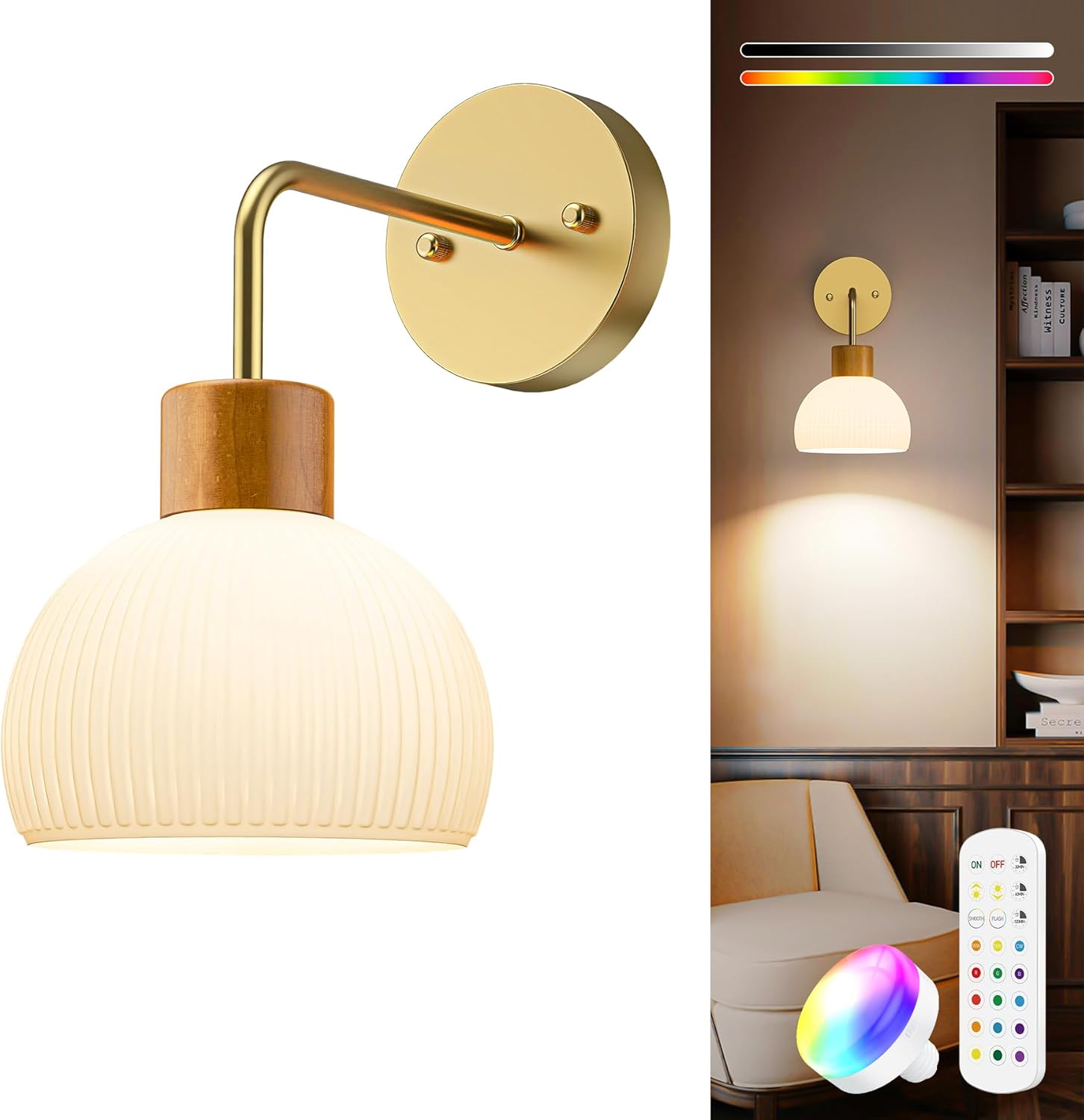 HURYEE Battery Operated Wall Sconce, Gold Rechargeable Wall Lights with Remote, RGB Colors and Dimmable, Vintage Glass Sconces for Bedroom, Living Room 1PC