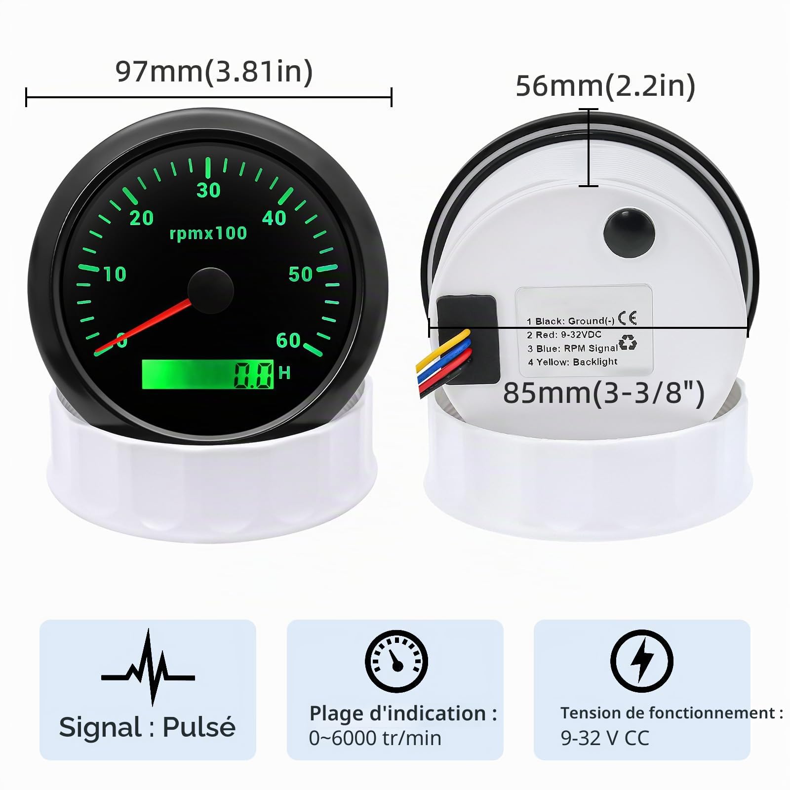 Tachymètre jauge 7 couleurs 85 mm 3-3/8'' compte tour electronique tachymètre de rechange automobile noir 0-6000 tr/min tacométro mètre LED pour voiture, bateau, camion 9-32 V