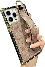 Luxury Rectangle Leather Compatible for iPhone 14 Pro Max Case with Wristband Strap Anti Drop Protective Designer Case Compatible with iPhone 14 Pro Max- 6.7 inch (Brown)