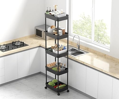 Miniatura 3 de Sooyee Carrito utilitario de plástico de 5 niveles con ruedas, carrito de almacenamiento multifuncional para oficina, sala de estar, cocina,