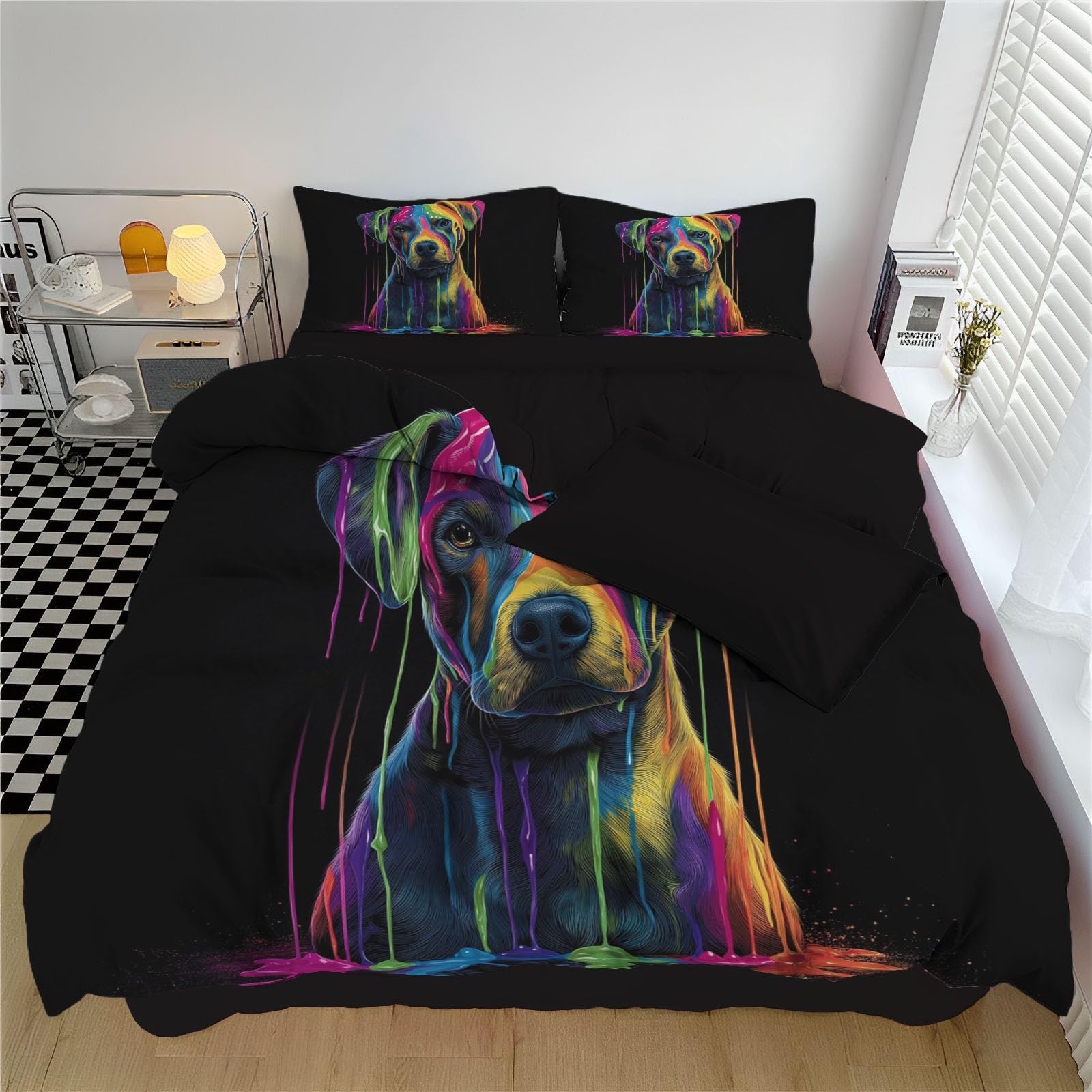 Housse de couette facile à laver 220x240cm parure de lit zippée motif chiens colorés