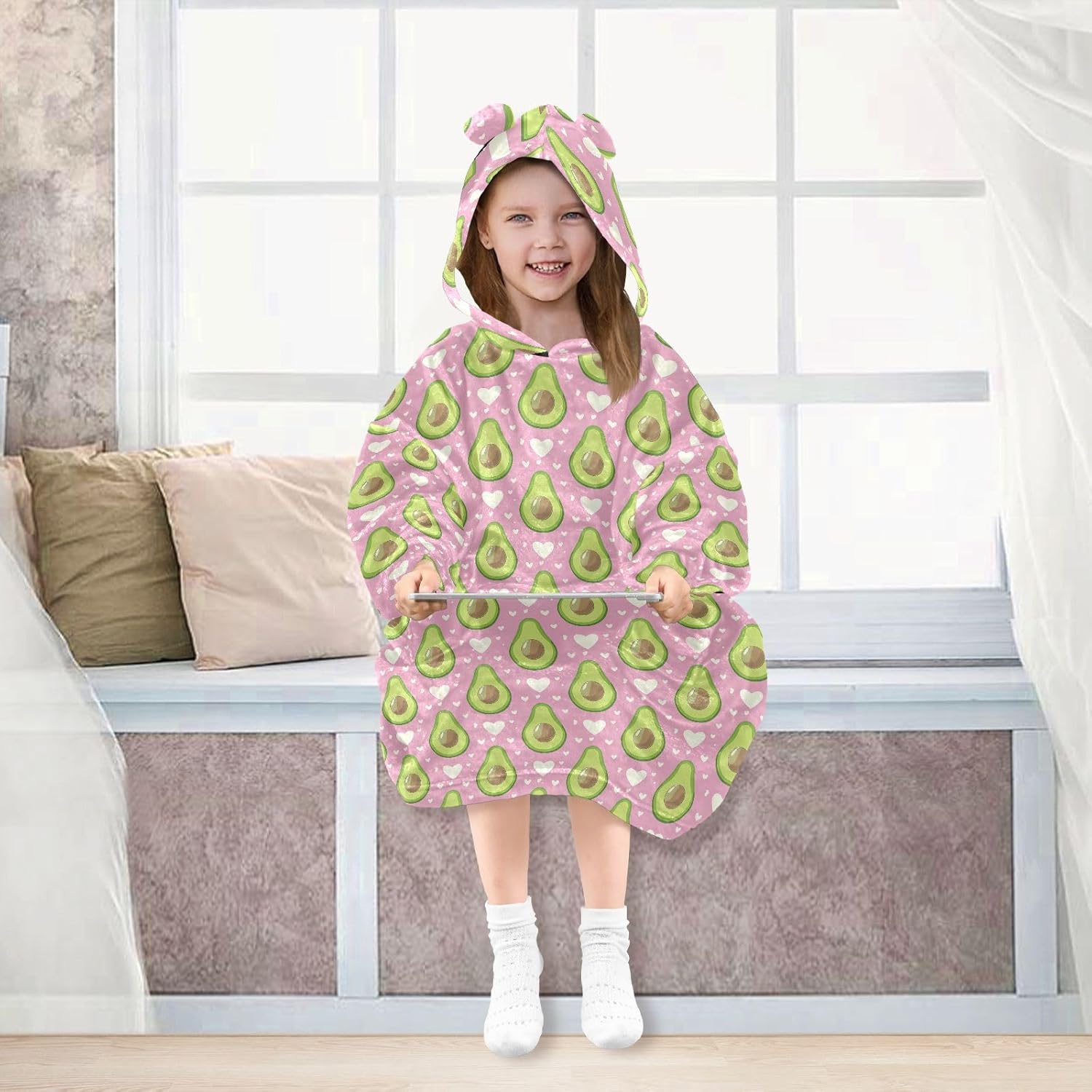 Pink Heart with Avocado Wearable Blankets for Kids, Soft Warm Cozy Blanket Hoodie for Boys Girls with Pocket