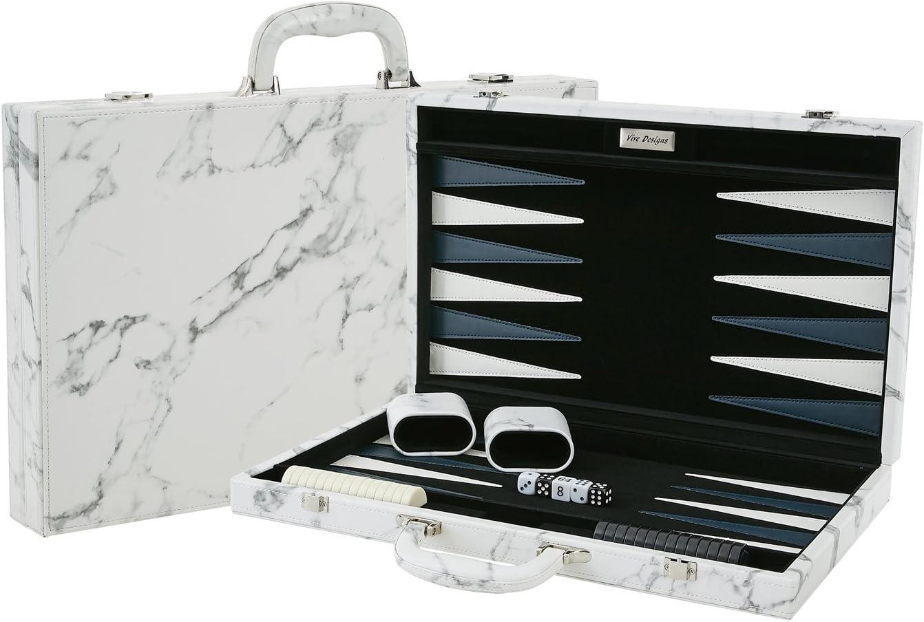 18” Luxury Backgammon Set in Marble Leatherette with Velvet Inlay, by Vive Designs – Includes Custom Board, Cups, Checkers, Dice, Doubling Cube, Instructions