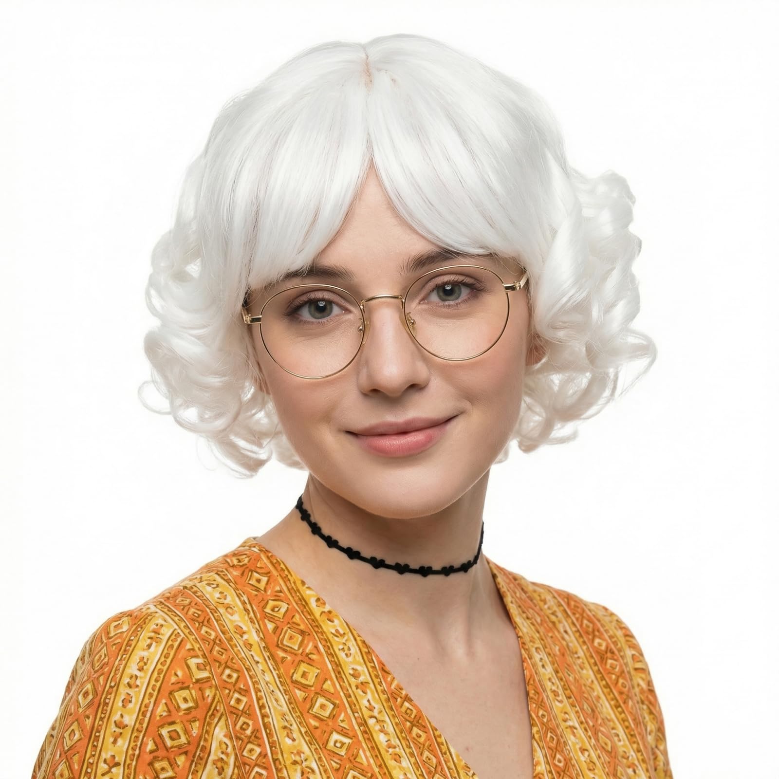 STfantasy White Curly Wigs with Bangs for Mrs Claus Cosplay Costume Short Layered Synthetic Hair Party Short Curling Wig