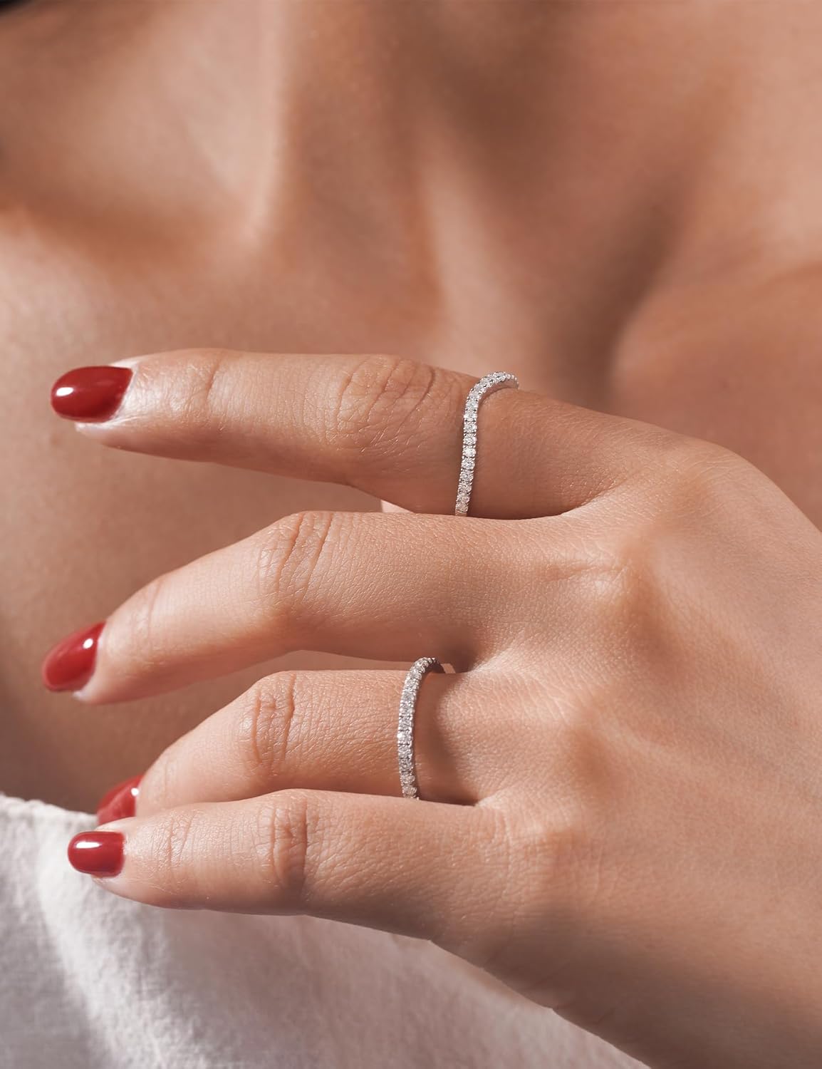 IMOLOVE IMOLOE Moissanite Wedding Bands for Women, 0.2 Carat Thin Eternity Anniversary Rings in 18K White Gold Plated Sterling Silver Shine Bright, Spend Light - Image 3