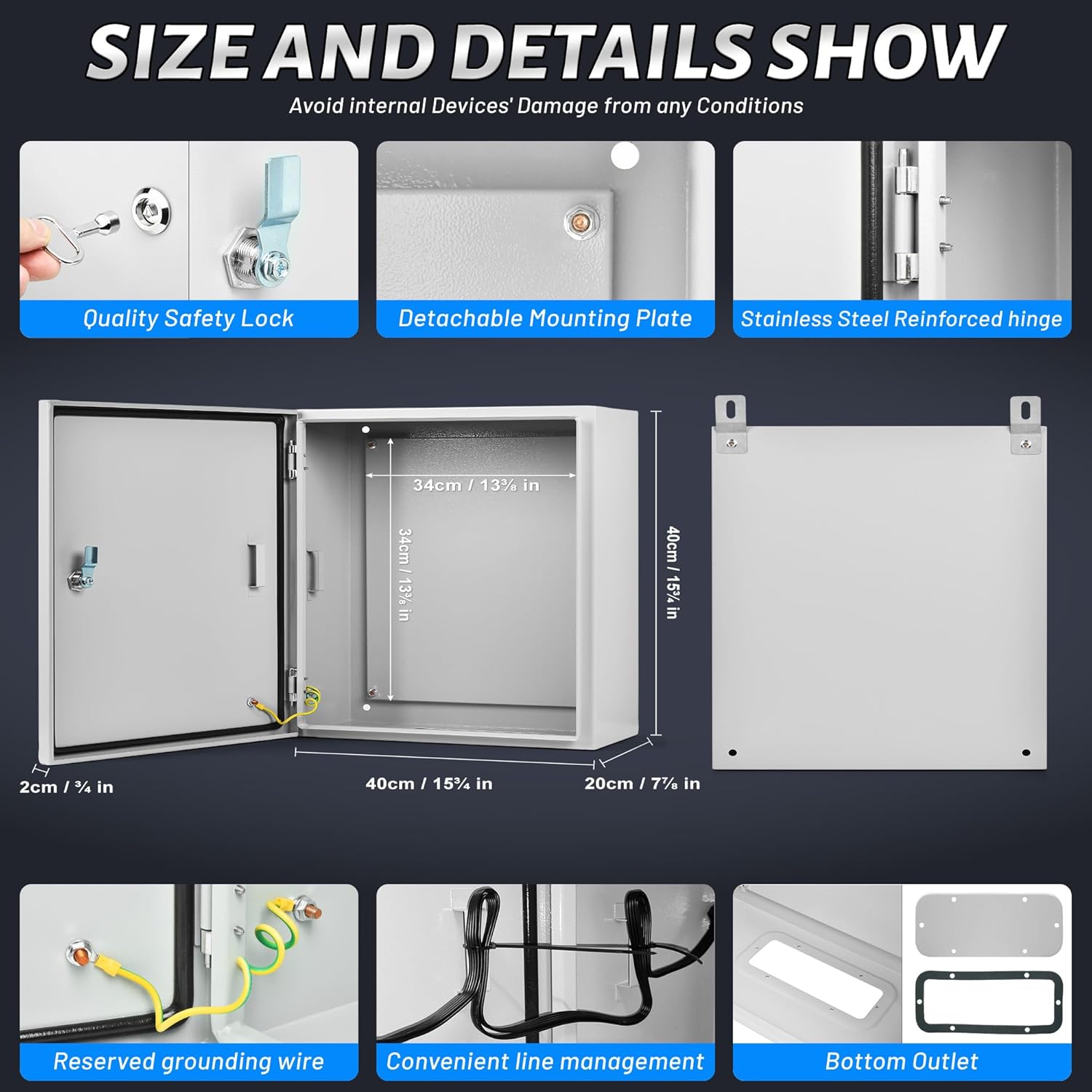 Steel Electrical Junction Box, 16 x 16 x 8'' Waterproof & Dustproof Electrical Enclosure, Outdoor & Indoor Universal Project Box with Lock & Mounting Plate
