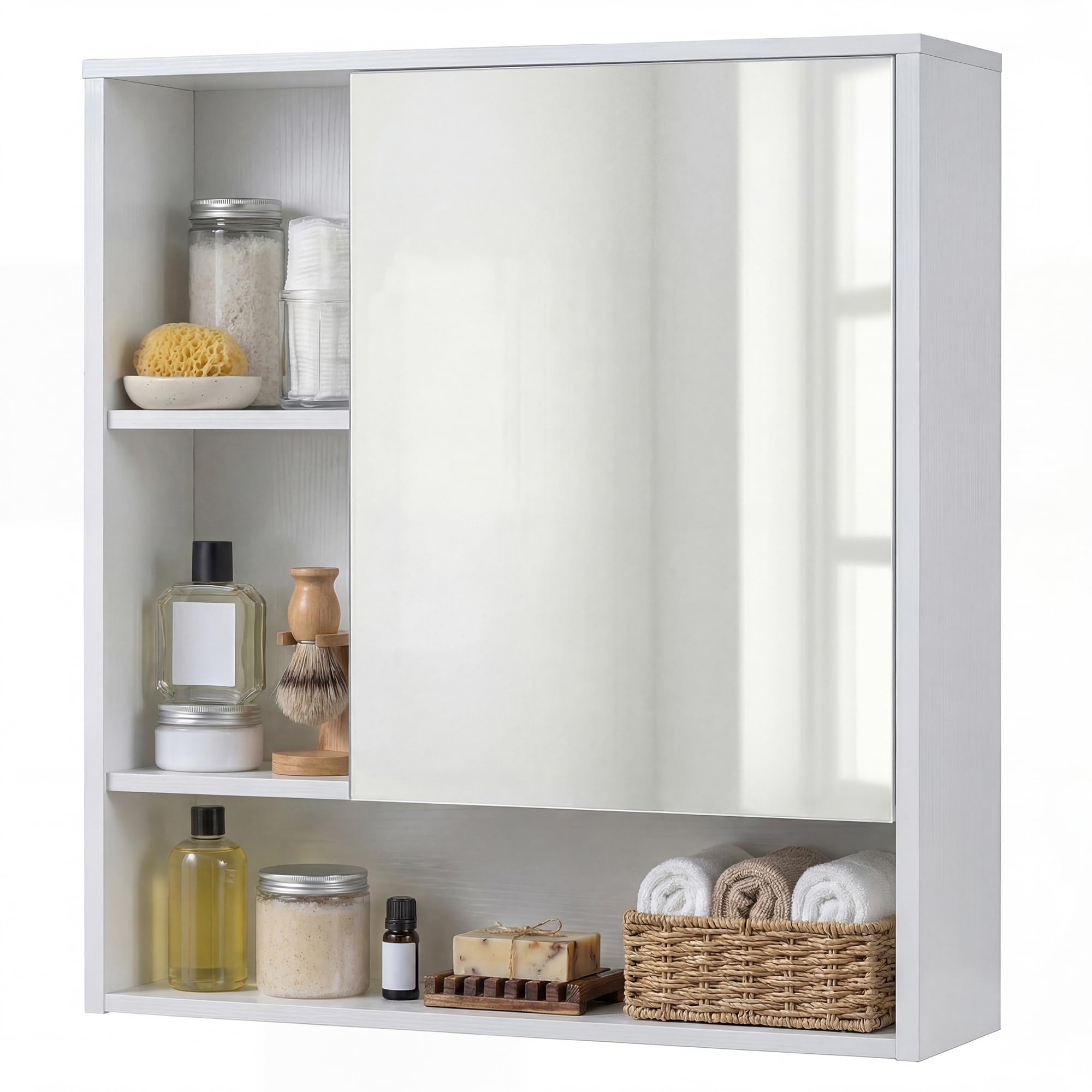 LIFEZEAL Armadietto da bagno a parete, mobile portaoggetti con anta a specchio, armadio, 3 ripiani aperti, portaoggetti salvaspazio moderno per cucina ingresso (bianco, 56 x 16 x 61 cm)