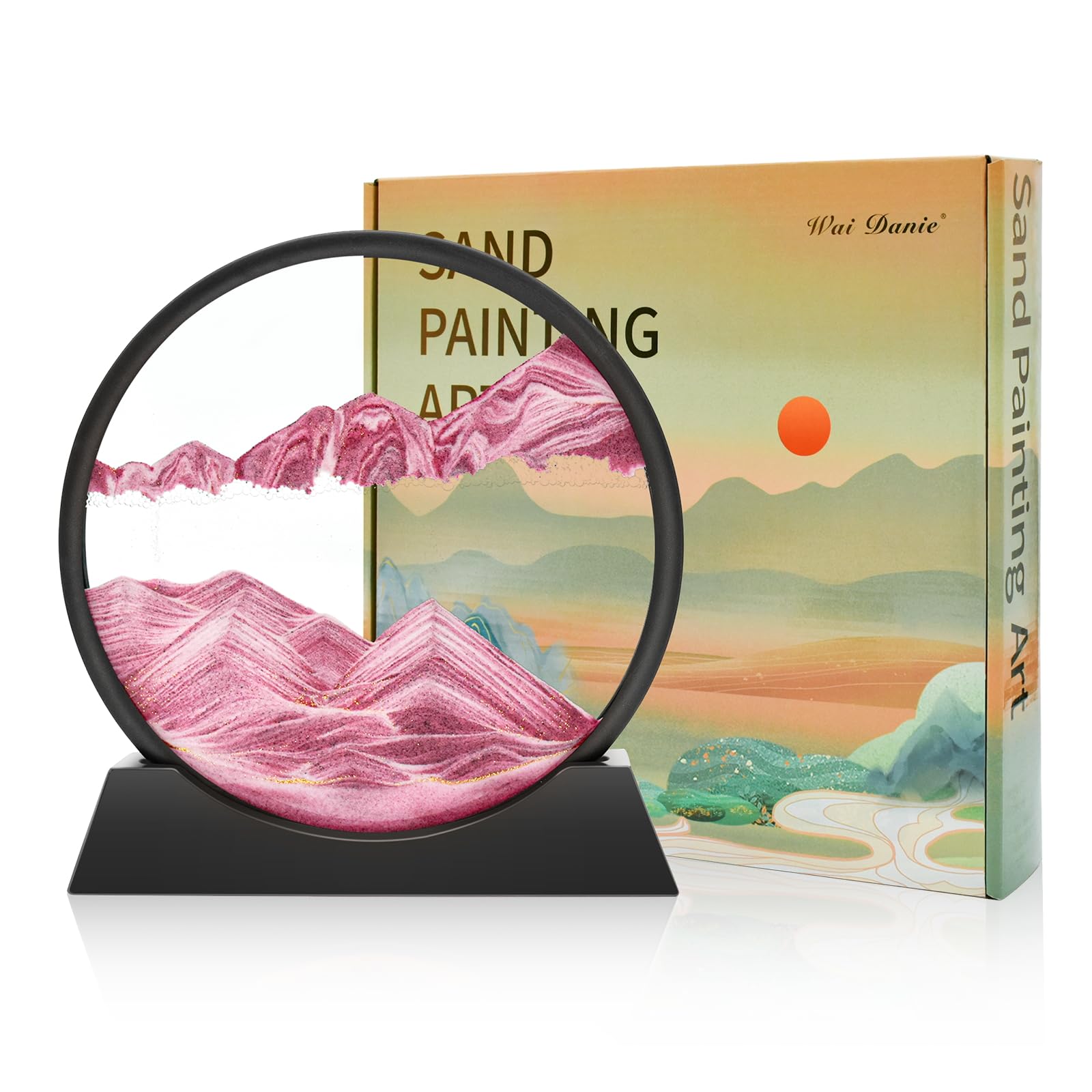 Wai Danie Moving Sand Art Picture 3D Hourglass Deep Sea Sandscape Liquid Motion Display Painting Flowing Sand Frame Relaxing Desktop Home Office Work Decor (Pink,12 Inches)