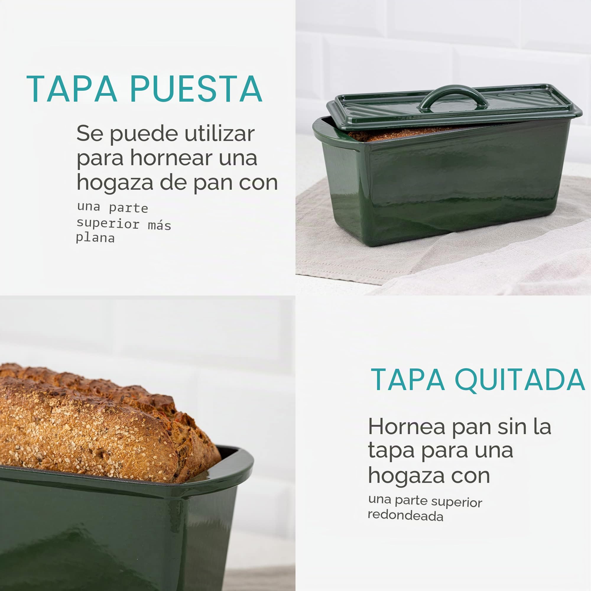 Navaris Olla para Hornear Pan - Cacerola Rectangular 34 x 13 x 13 cm de Hierro Fundido para Horno BBQ Vitrocerámica Inducción - Cazuela con Tapa - Verde