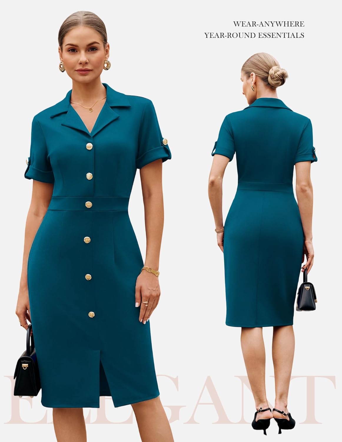 GRACE KARIN Work Dresses for Women 2026 Short Sleeve Button Bodycon Dress Pencil Office Midi Dress with Pockets - Image 3
