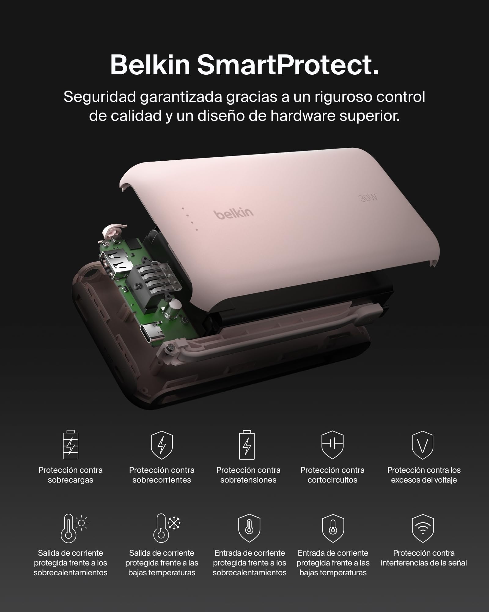 Belkin BoostCharge Batería Externa 20000 mAh con Cable USB-C - Rosa | Power Bank de 20000 mAh, 1 puerto y 1 cable USB-C y 1 puerto USB-A, 30 W, LED, Apta como Equipaje de Mano y Precargada