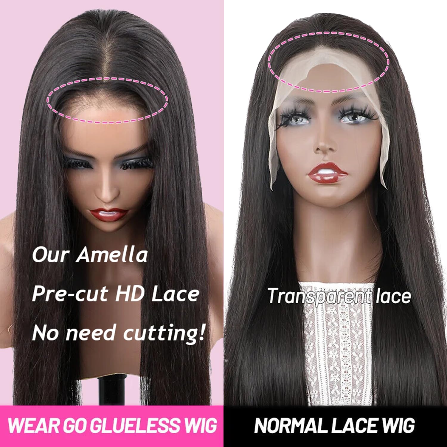Amella Glueless Wigs Human Hair Pre Plucked Pre Cut Lace Glueless Wig Wear and Go 24 Inch 220% Density 13×4 HD Lace Closure Wigs Human Hair 12A Straight Human Hair Wig Bleached Knots Natural Color