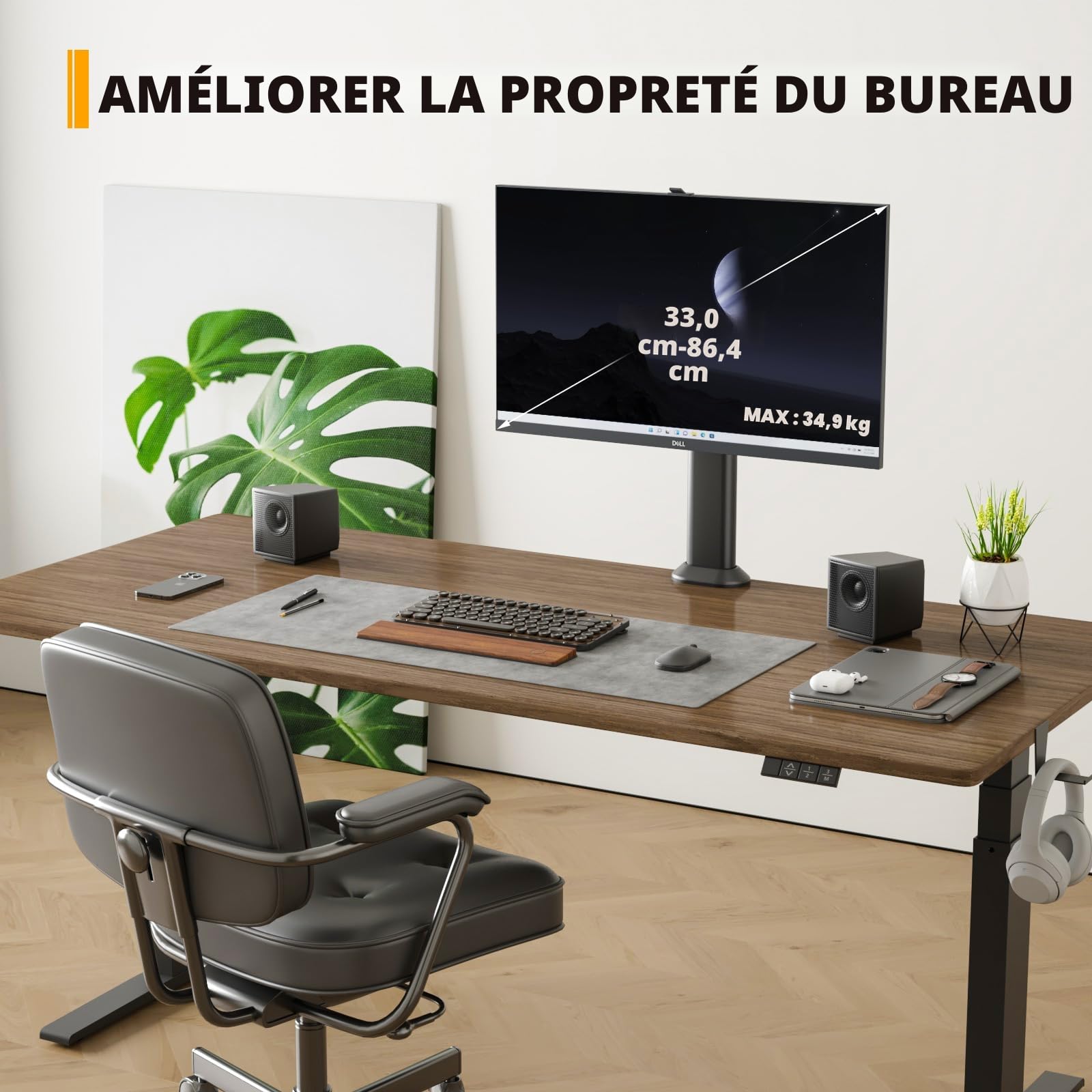 HEMUDU Bras de Support pour écran d'ordinateur Plat incurvé de 33 cm à 81,3 cm avec Pivot, Hauteur réglable, Rotation, Peut Supporter jusqu'à 35 kg, Noir