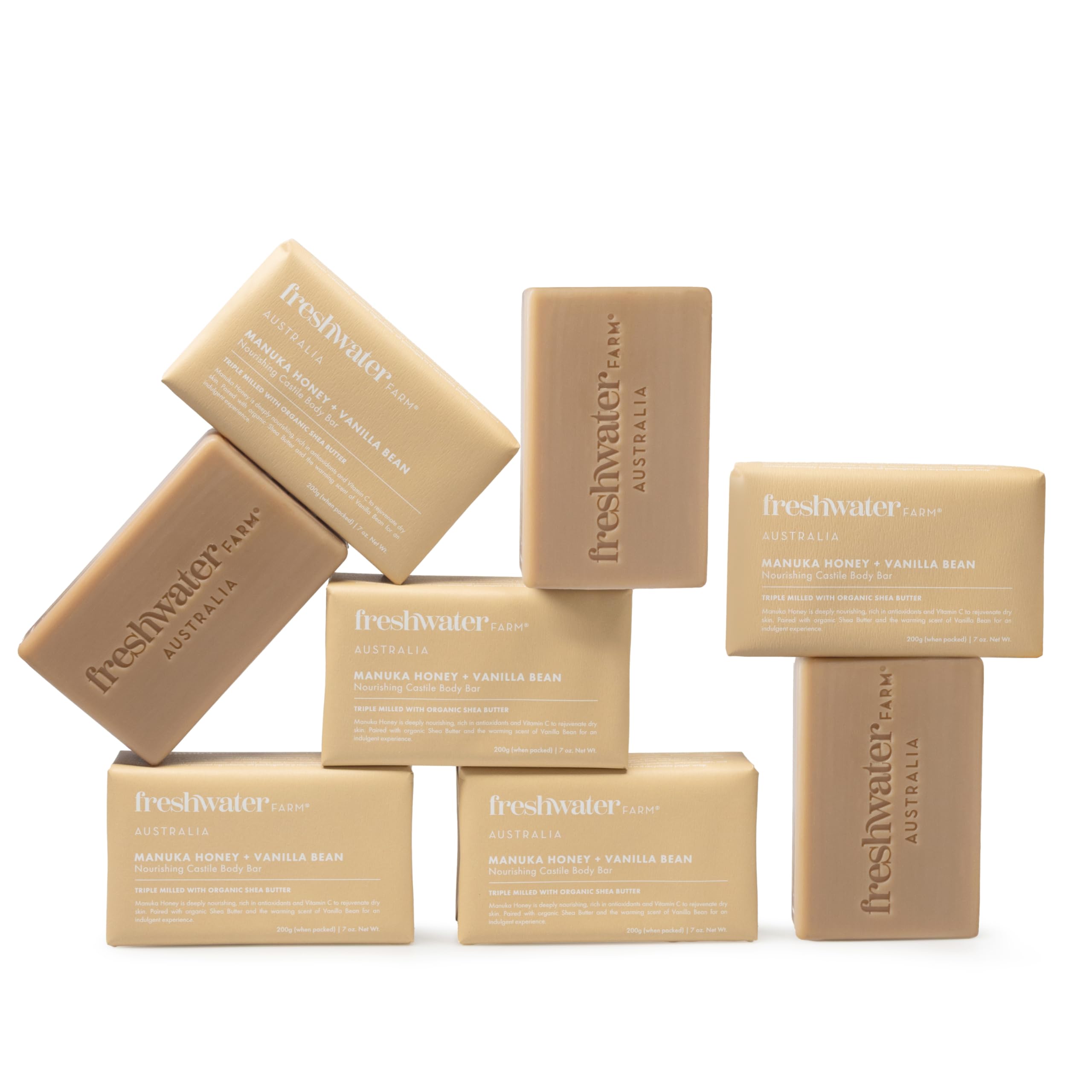 Freshwater Farm Australia Soothing Castile Natural Body Bar/Soap Bar for Women/Men- Manuka Honey + Vanilla Bean. Bar Soap/Body Soap With Organic Shea