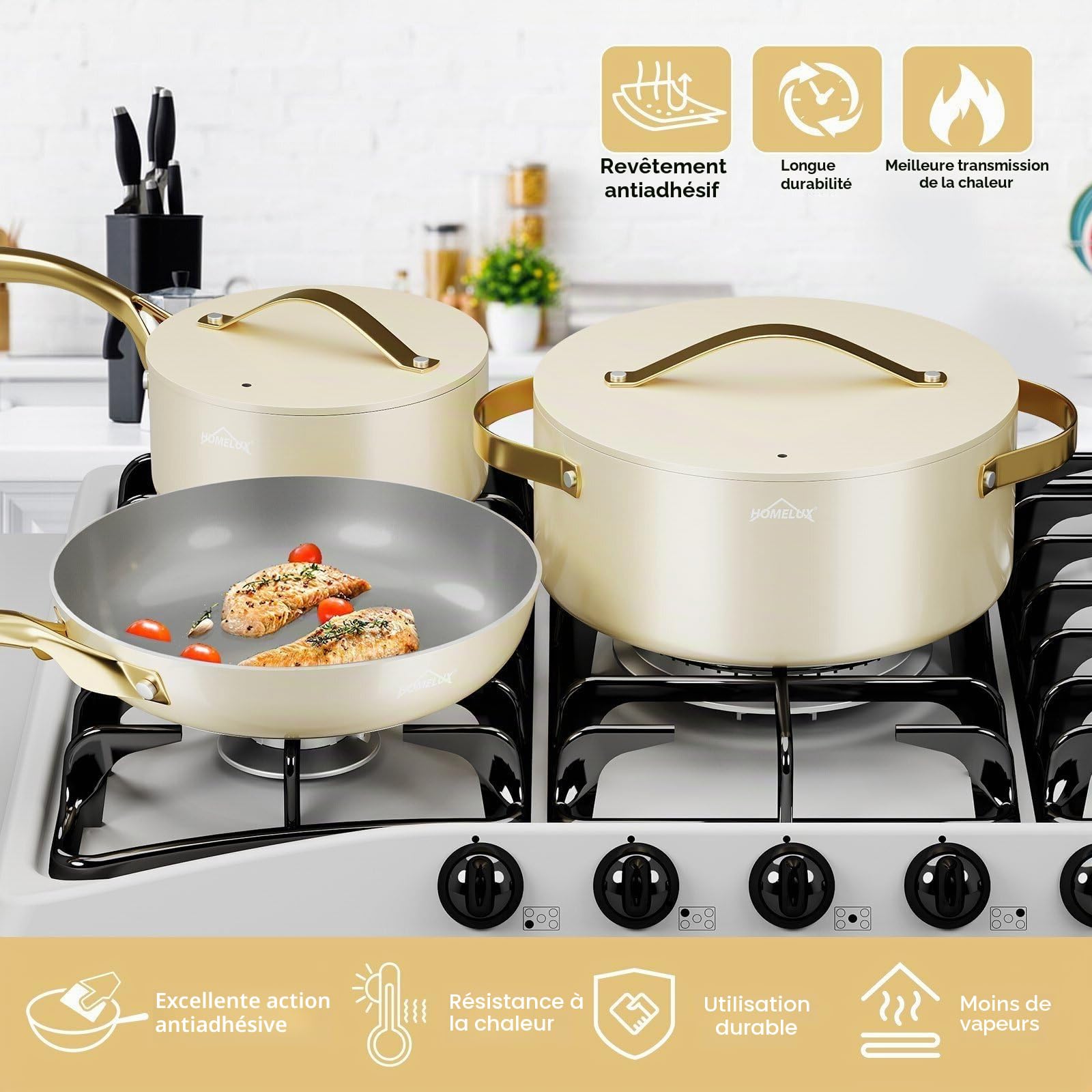 HOMELUX Batterie de cuisine antiadhésive 8 pièces avec couvercles | poêles et casseroles à induction sans PFOA, PFOS et BPA, compatible avec toutes les plaques de cuisson, beige