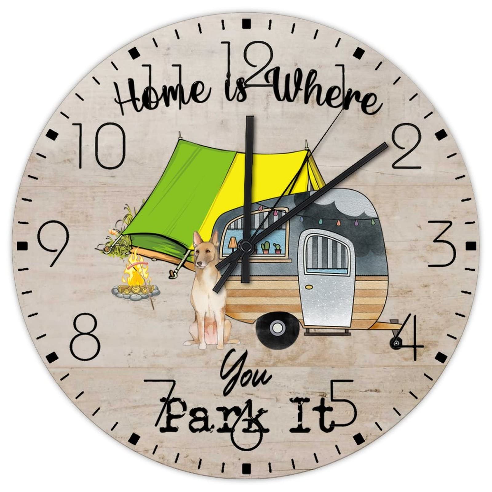 Horloge murale en bois rétro avec motif feu de camp et forêt pour chalet