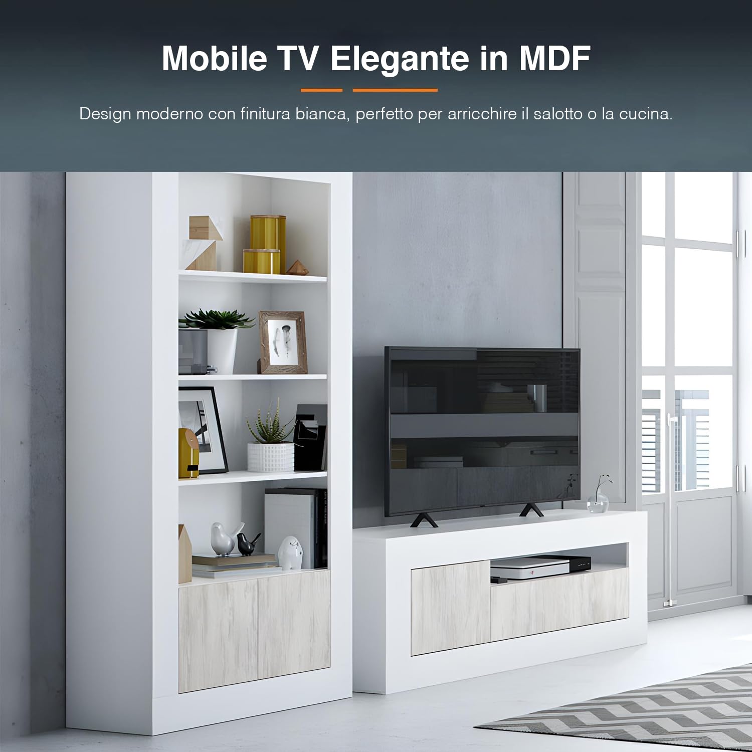 Avilia Mobile Porta TV Mobiletto Basso per TV con 2 Ante e Scomparti Portaoggetti - Con Foro Passacavi Integrato, in MDF, 42x139x53cm, Bianco