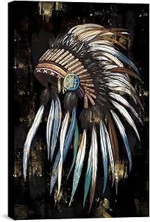 FuShvre Indian Canvas Artwork Tribal Chief Feather Headdress Wall Art Native American Canvas Painting for Living Room Bedr...